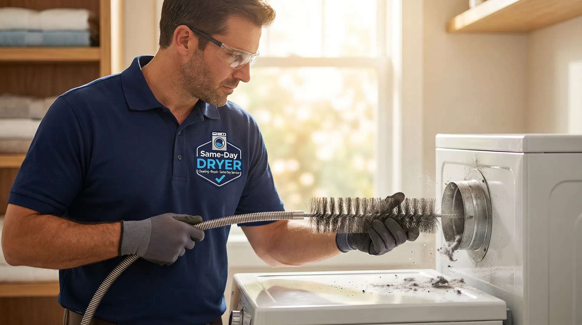 Same-Day Dryer technician cleaning dryer vent interior with rotary brush