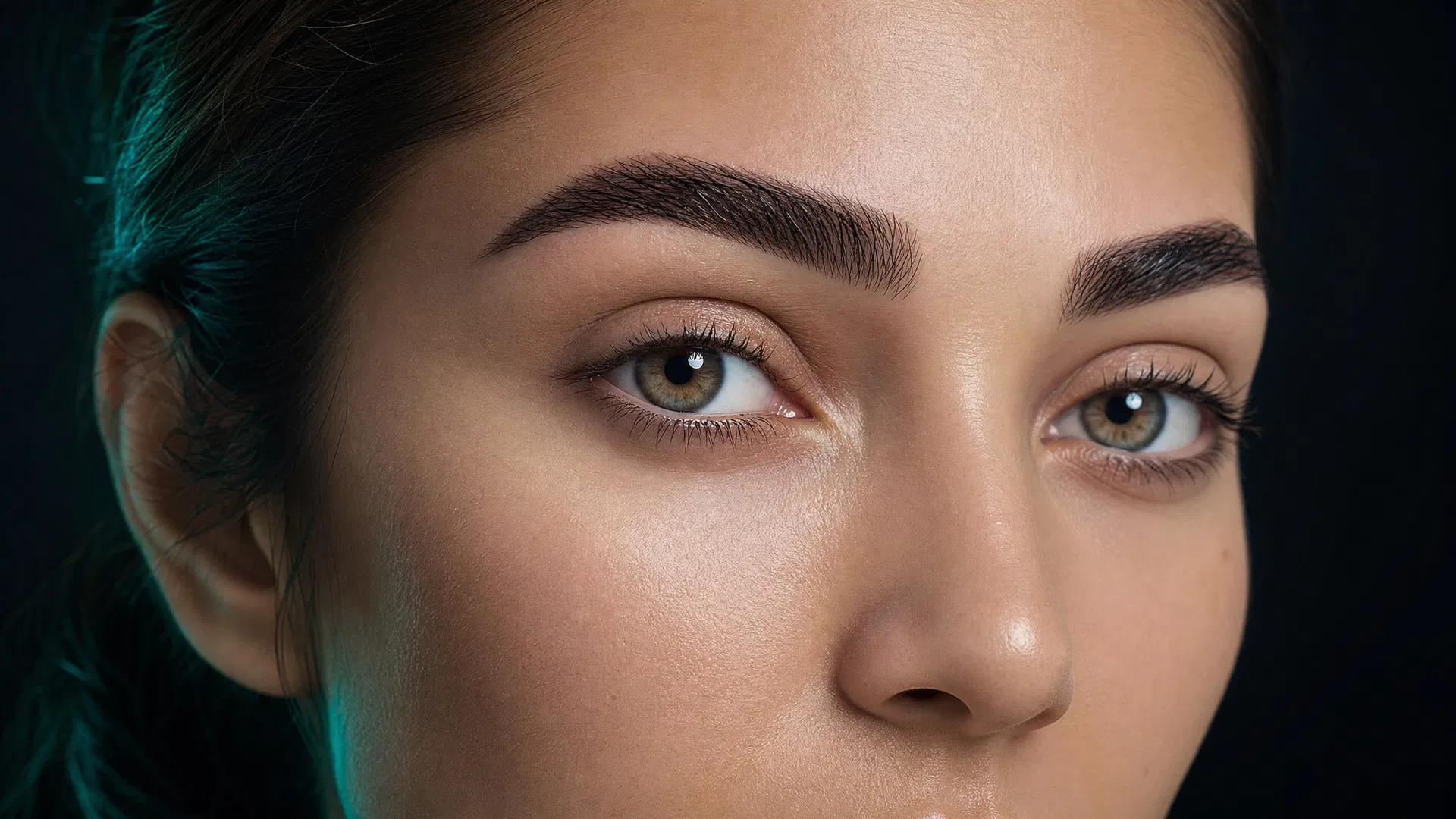 Close-up of natural, full eyebrows after a successful FUE eyebrow transplant