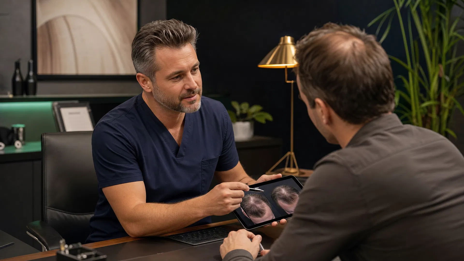 Patient consulting with a hair restoration specialist about treatment costs