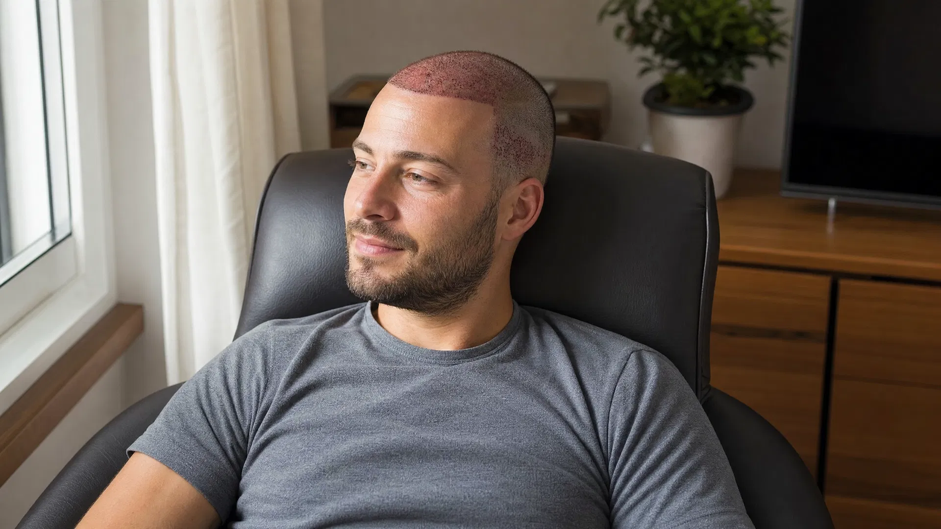 Patient at home resting comfortably after a FUE hair transplant procedure