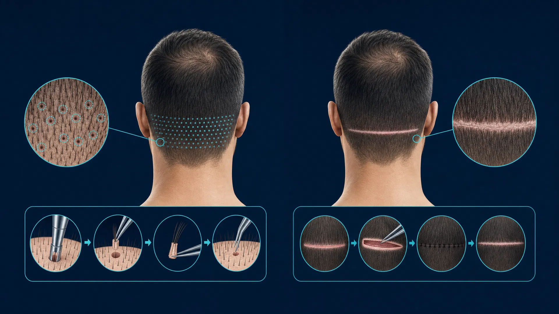 Medical illustration comparing FUE and FUT hair transplant extraction techniques