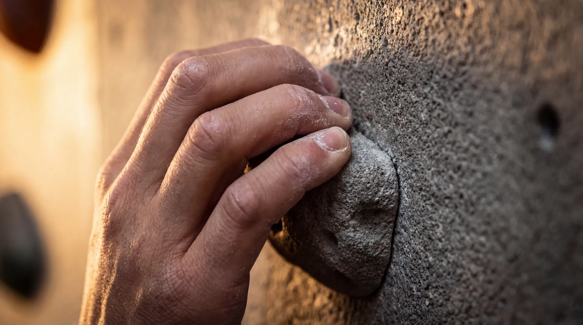 Climber crimping on a small hold — the joints Movelle supports