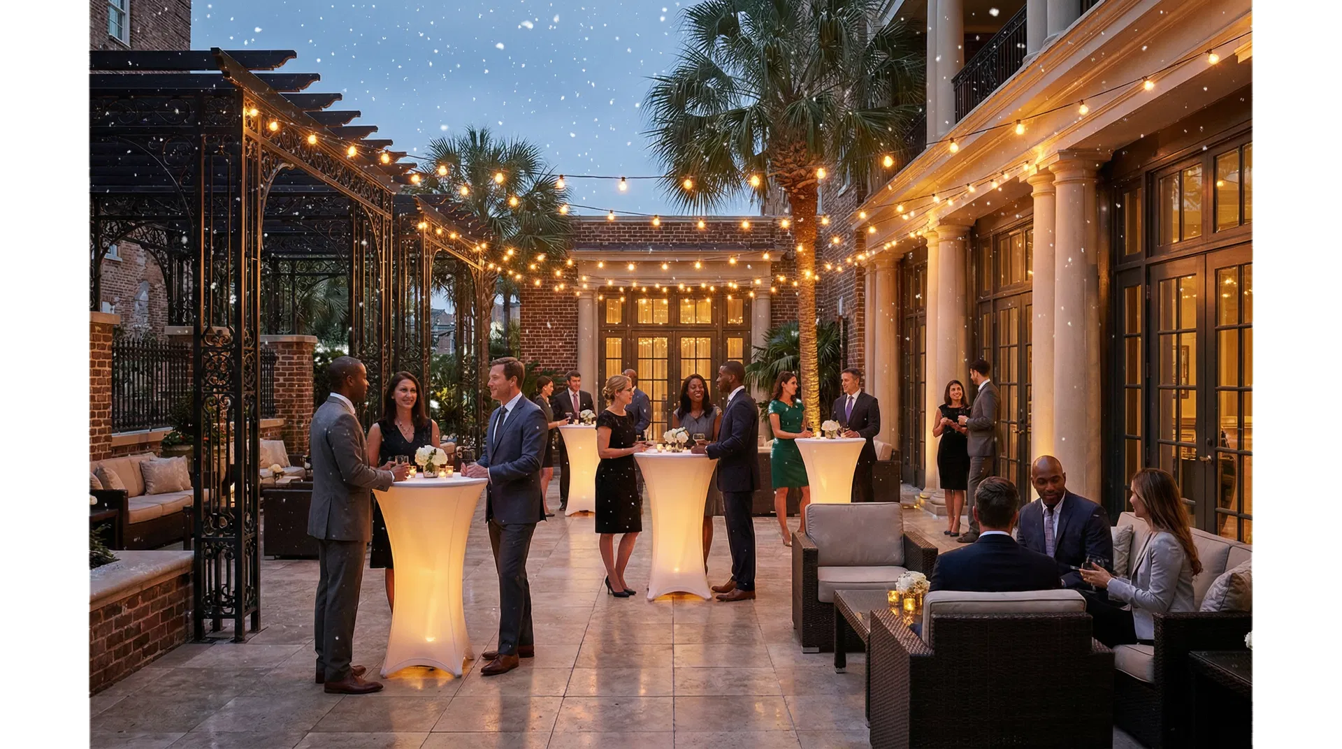 Guests enjoying a polished corporate snowfall event in Charleston