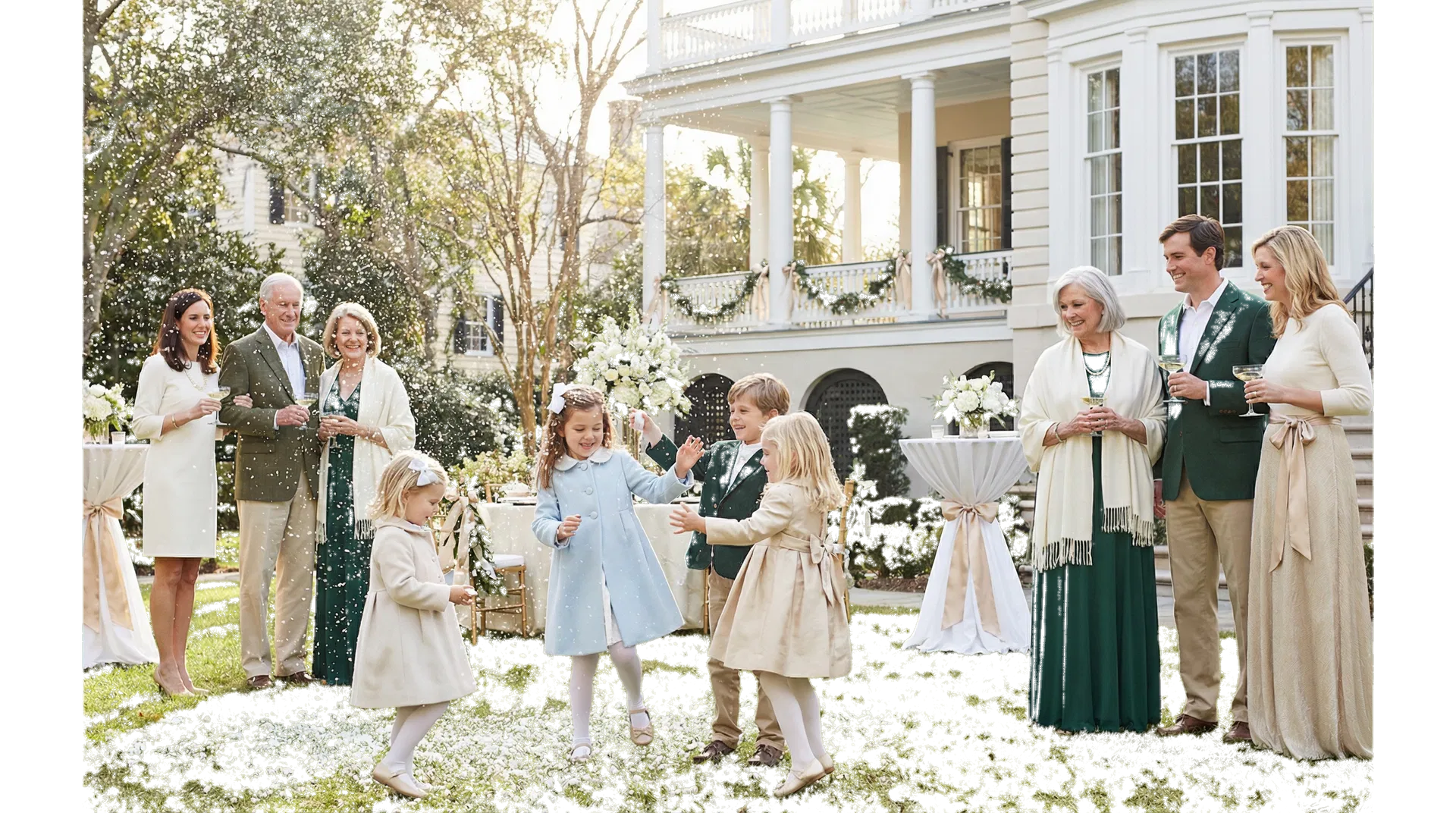 Families enjoying a snowy celebration outside in Charleston