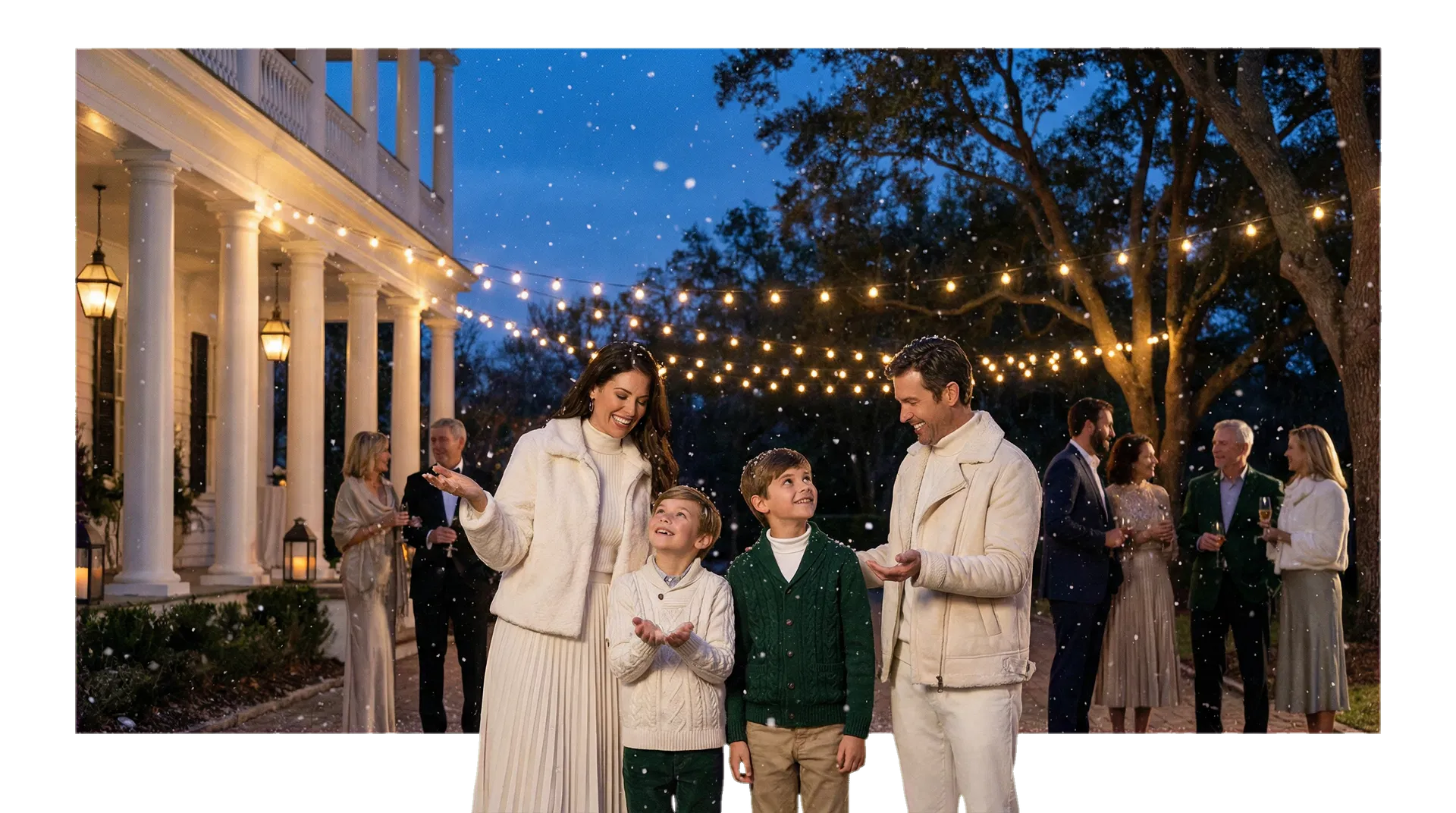 Snowfall effect creating a festive winter moment at a Charleston event