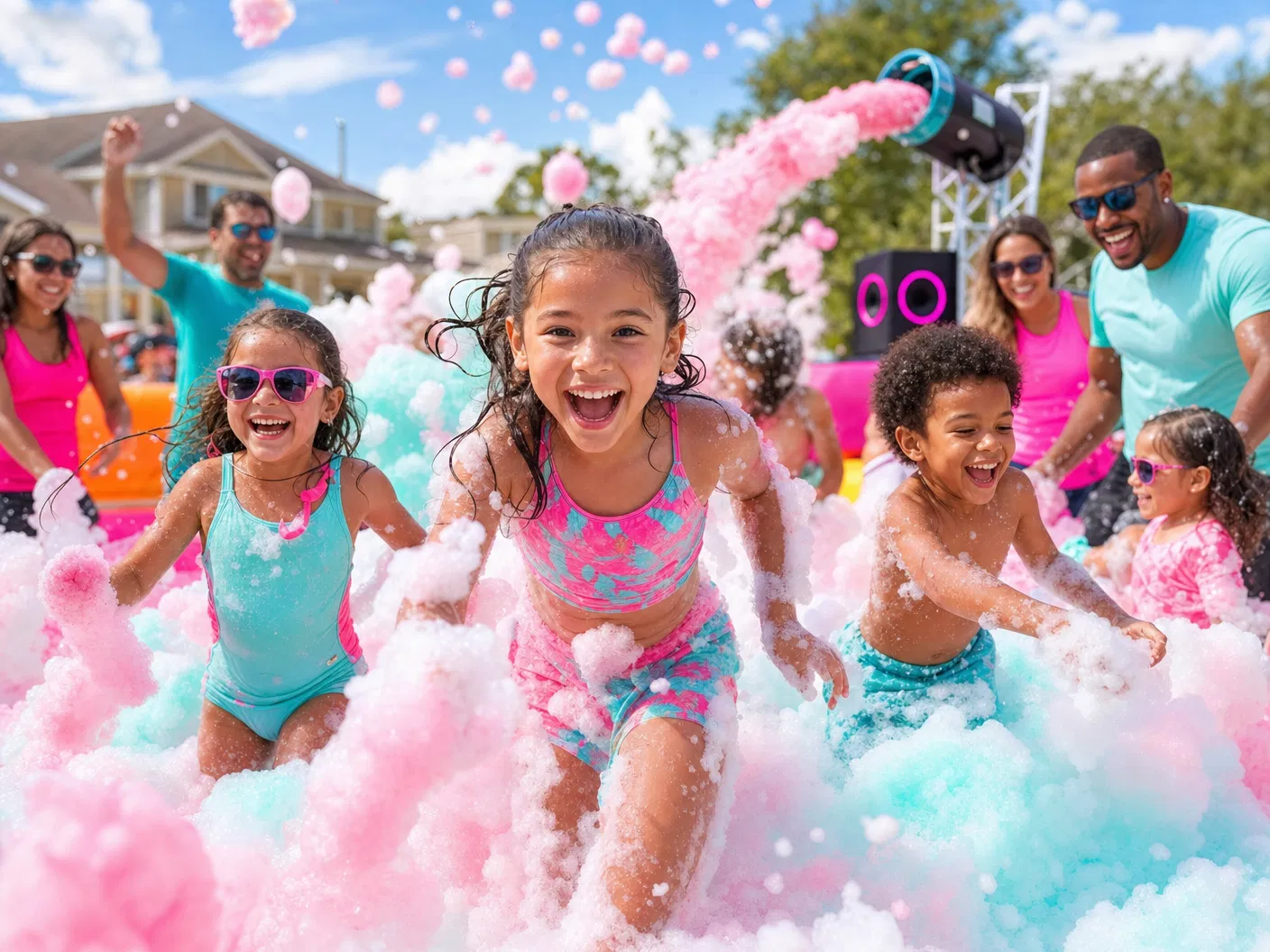 Children and families smiling during a colorful foam party