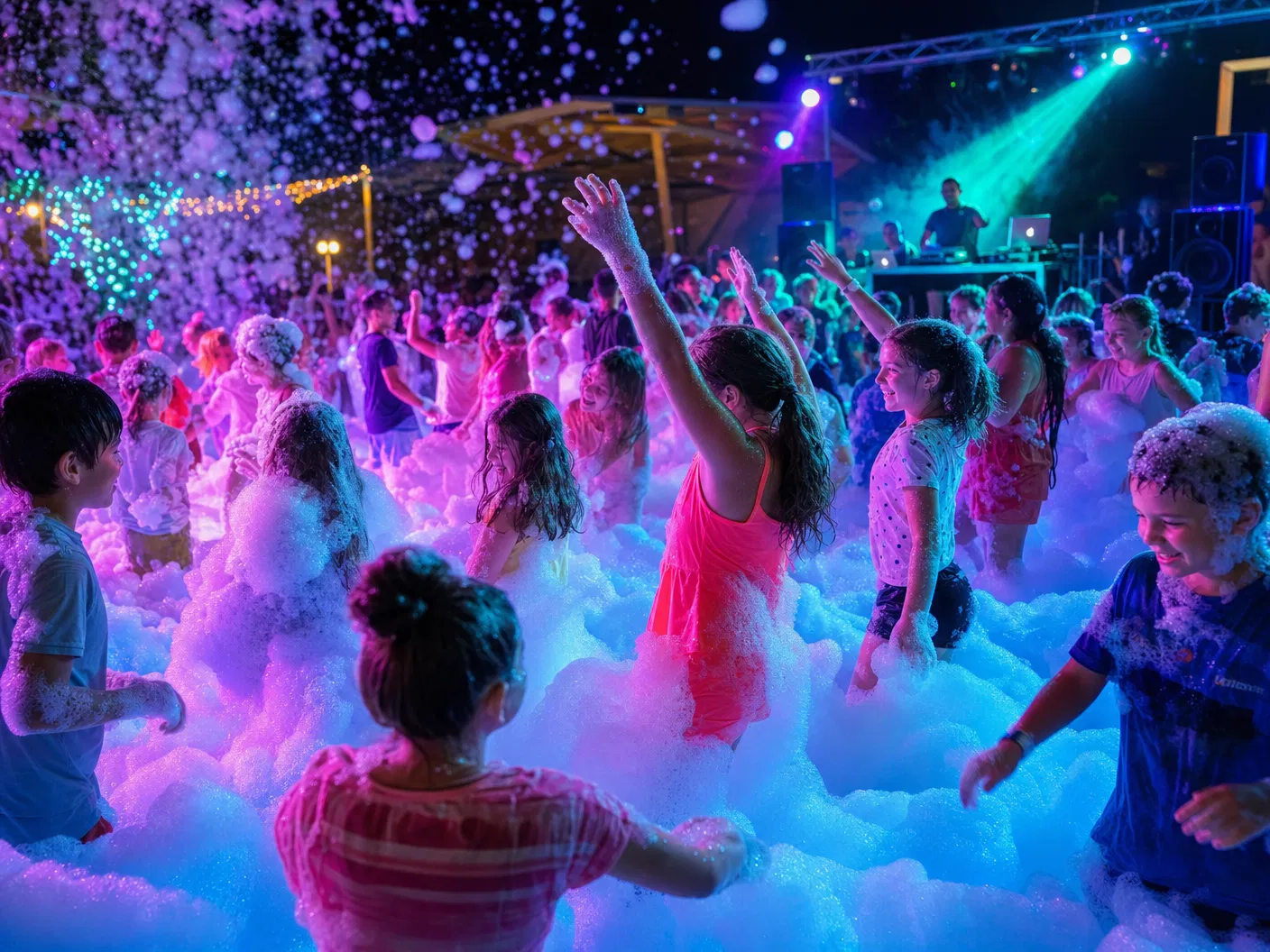 Families enjoying a glow foam party with aqua and pink lights