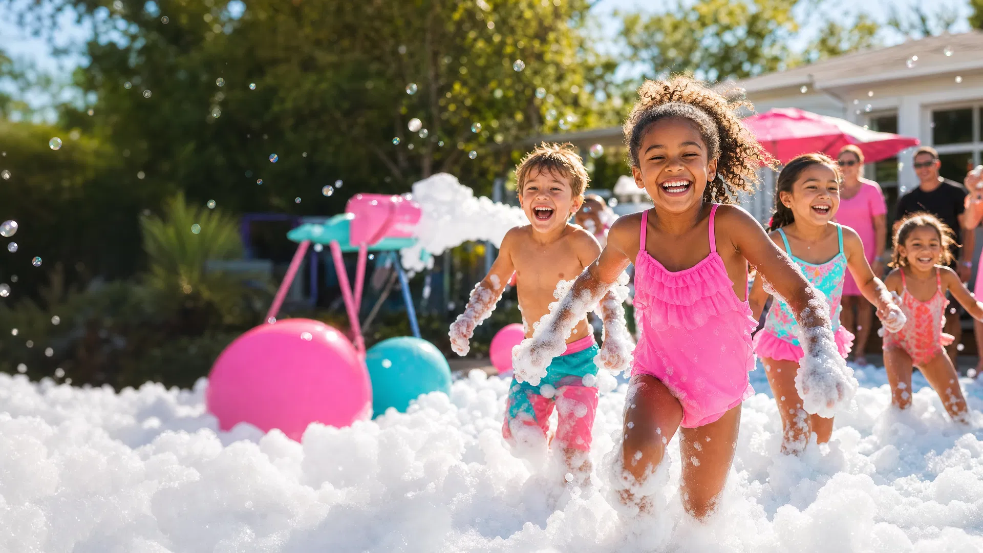 Children laughing and running through foam at an outdoor Foam Zone Party celebration