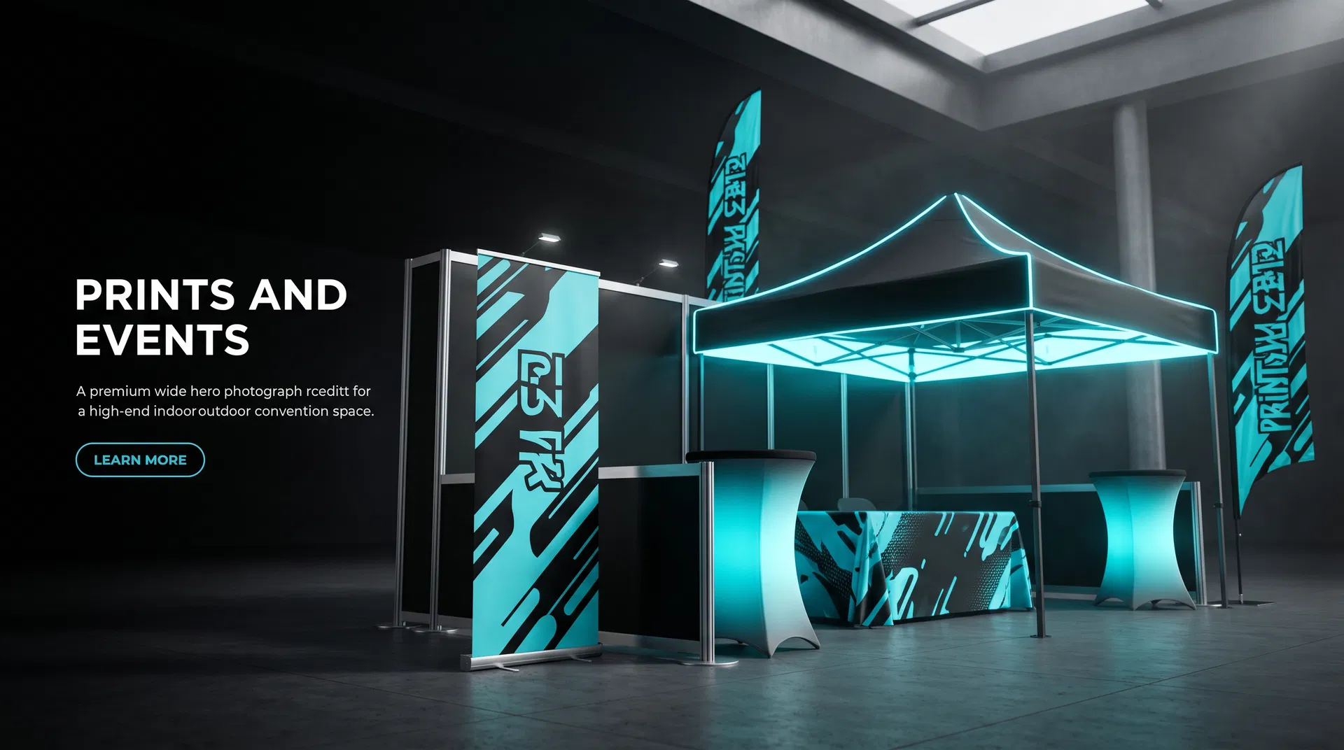 Large-format retractable banner display scene with black and cyan event branding.