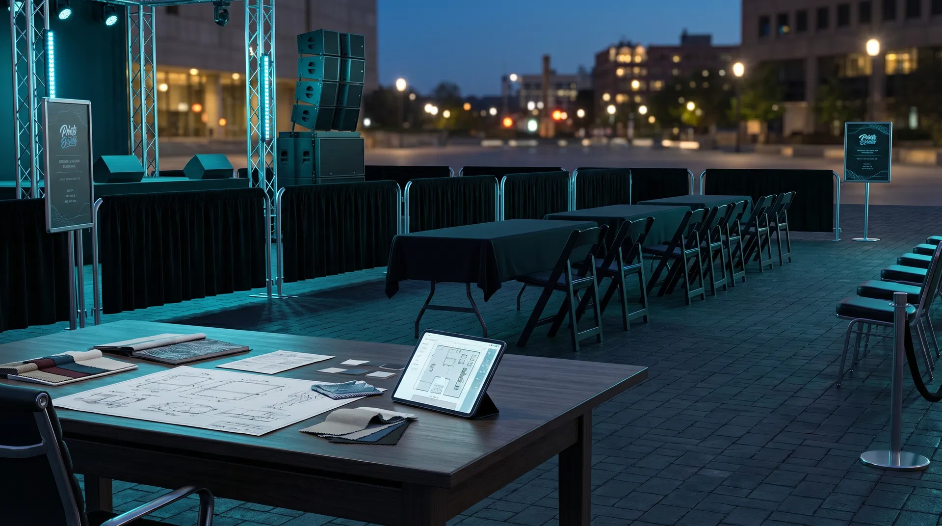 Event rental layout with crowd barriers, tables, chairs, and planning materials.