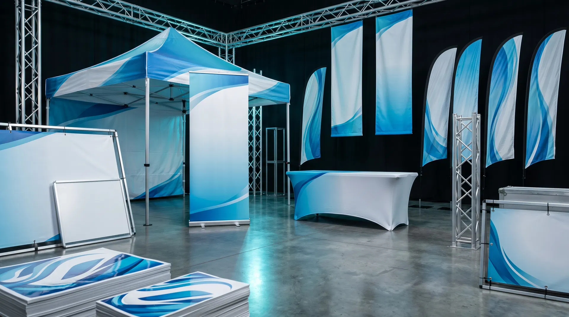Showroom scene with printed displays, canopy tent, banner stand, and event graphics.