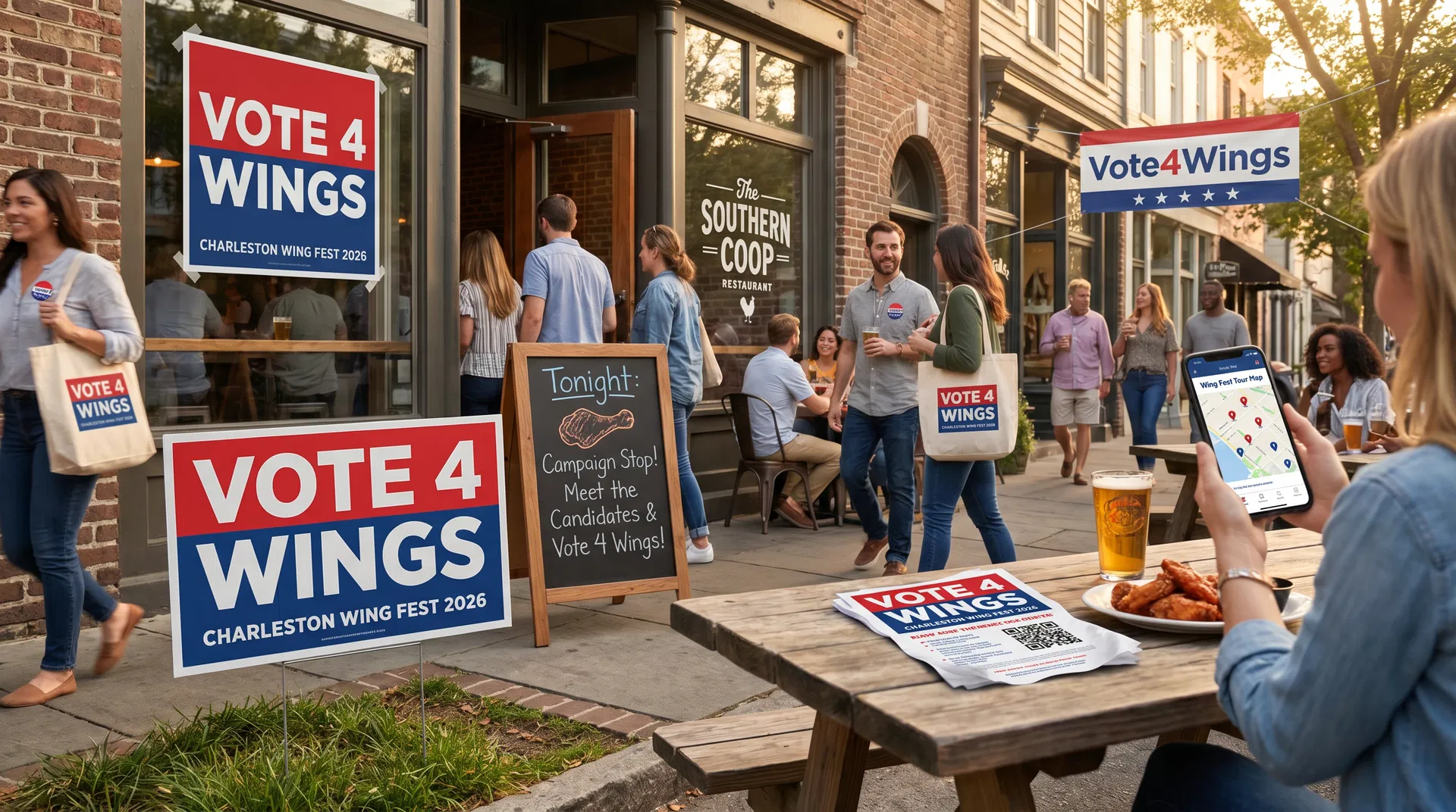 Vote4Wings campaign scene with restaurant signage, branded print materials, and festival momentum building in Charleston