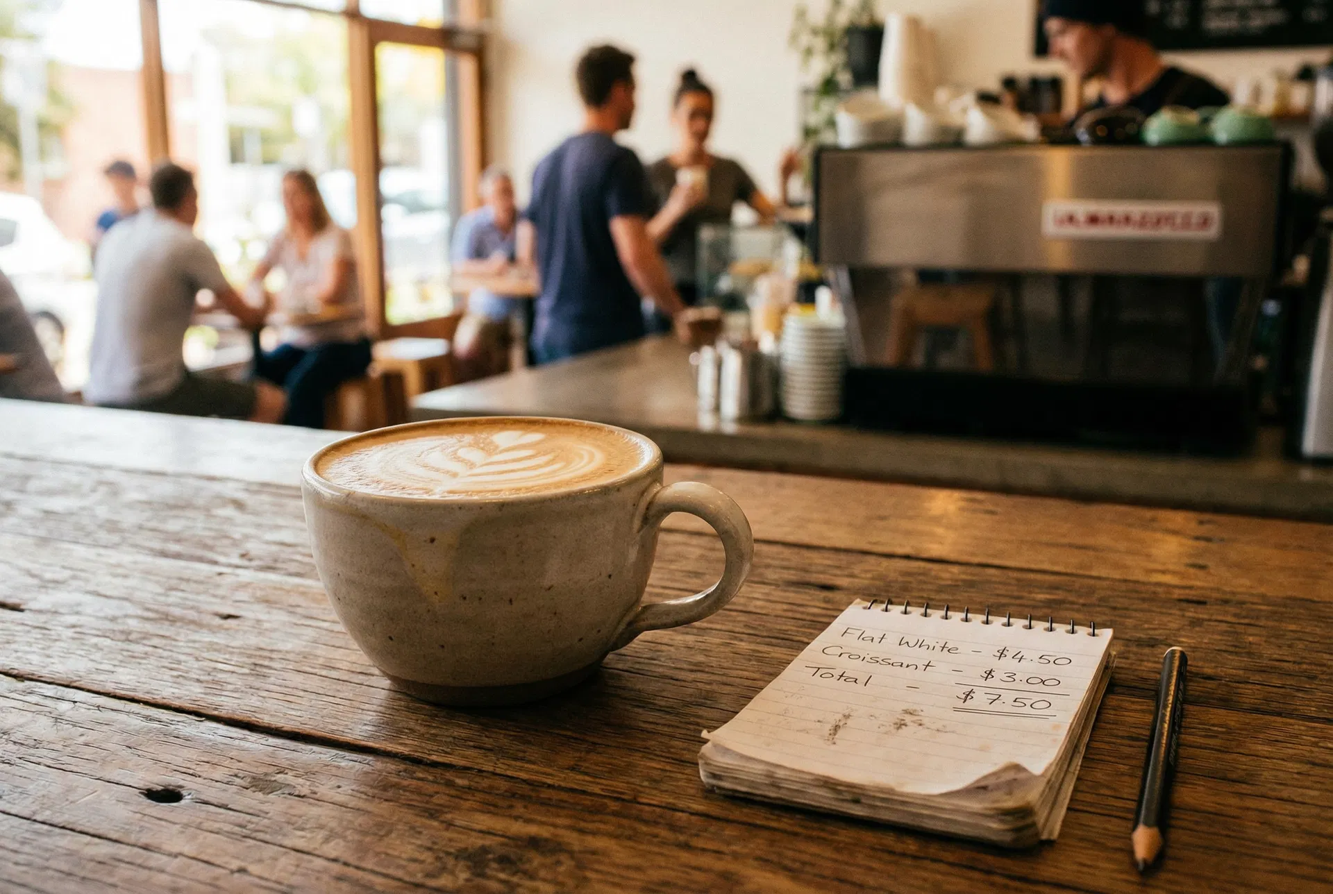 Flat white coffee on a wooden café table with cost calculations in a notepad