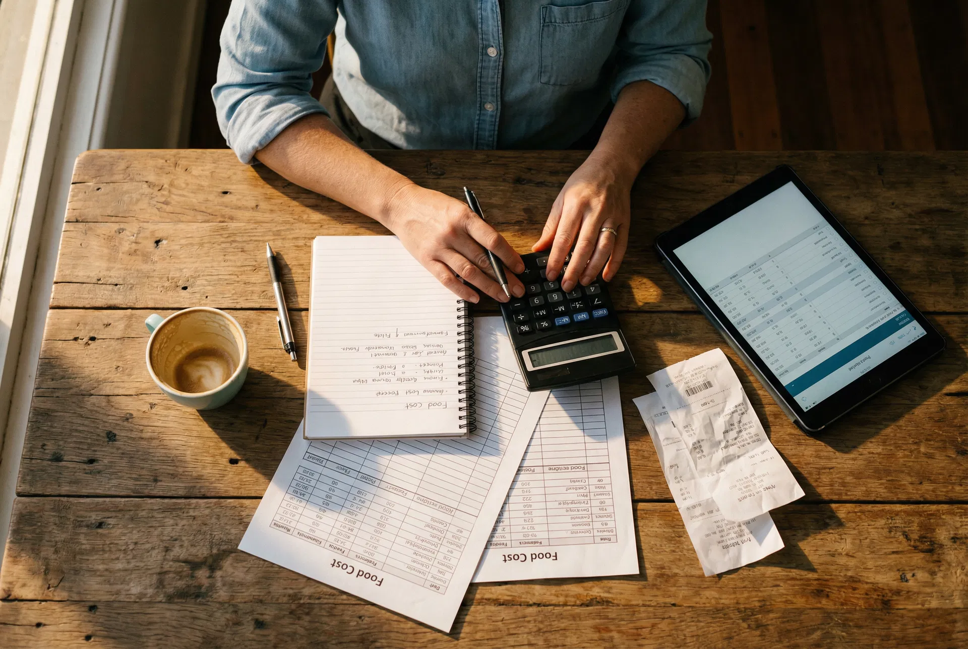 Café owner calculating food cost percentage with receipts and a calculator