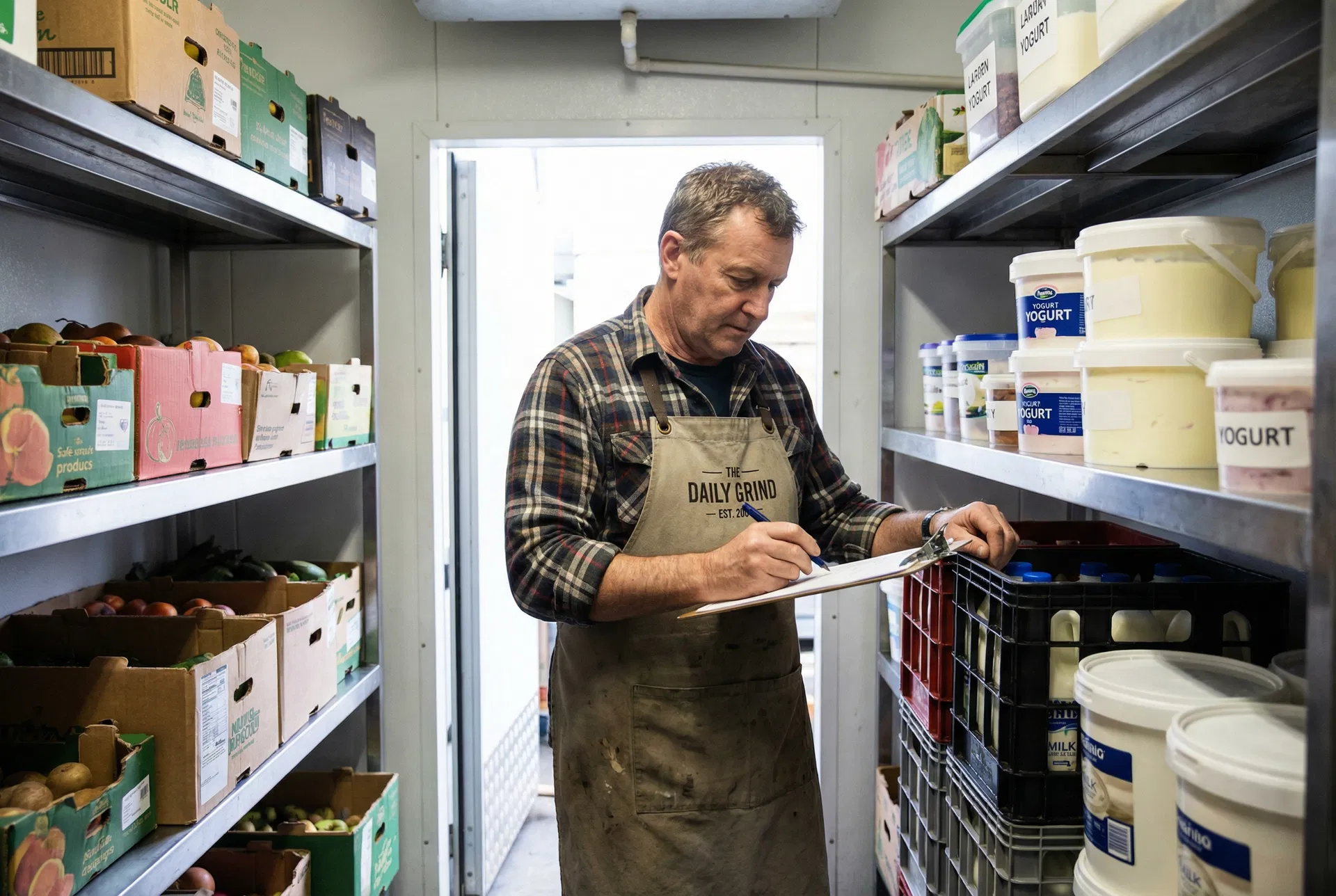 Café owner doing stocktake in a cool room with a clipboard