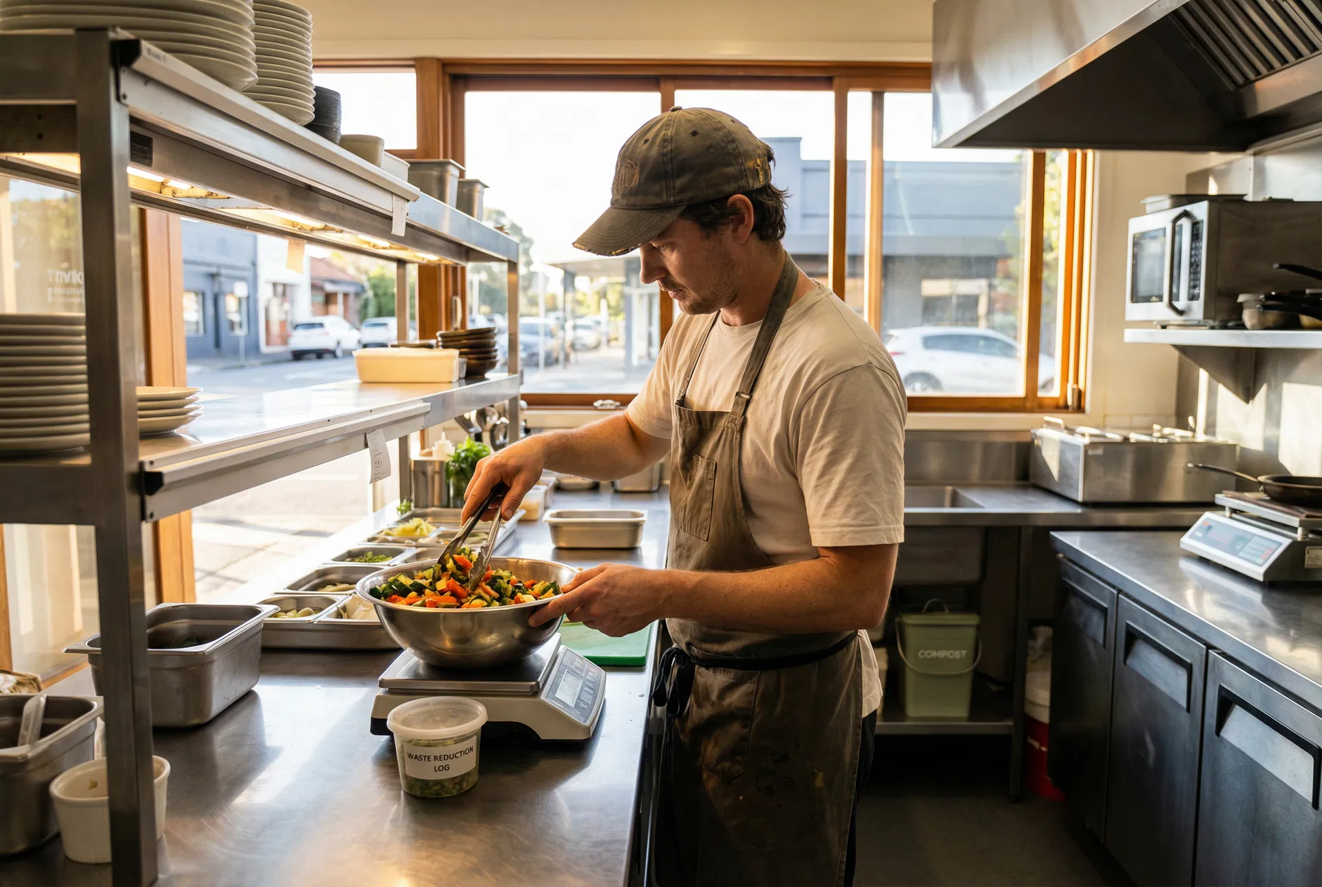 Chef weighing ingredients on a digital scale to reduce food waste