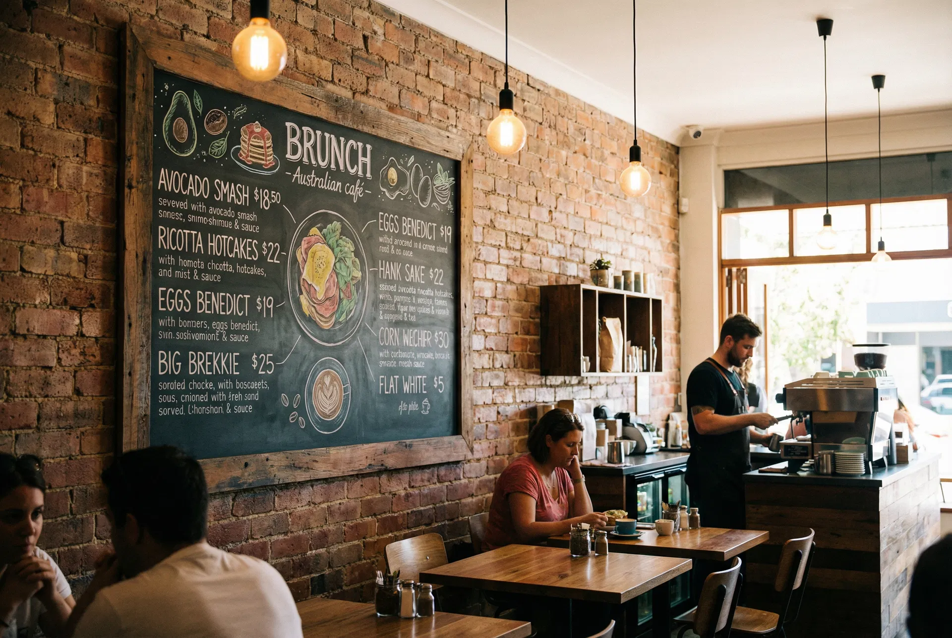 Australian café chalkboard menu with brunch prices in AUD