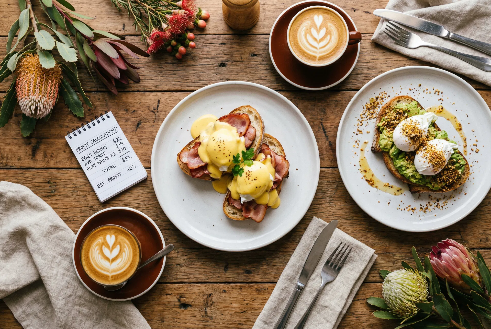 Australian café brunch dishes with profit margin calculations