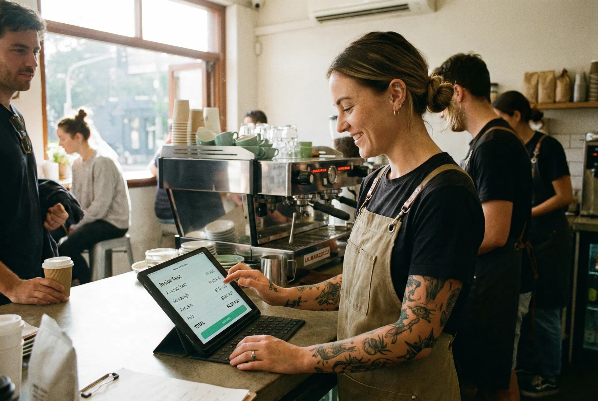 Barista using a recipe cost calculator app on a tablet at a café counter