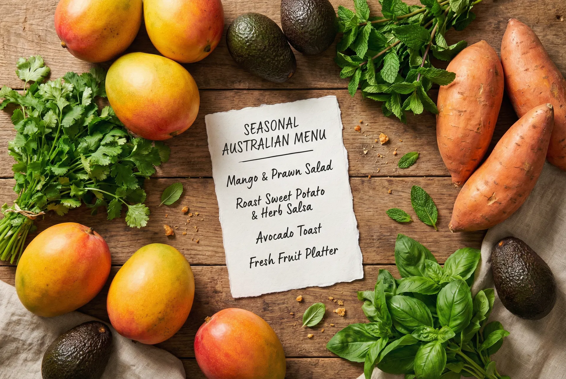 Seasonal Australian produce including mangoes, avocados, and sweet potatoes with a handwritten menu