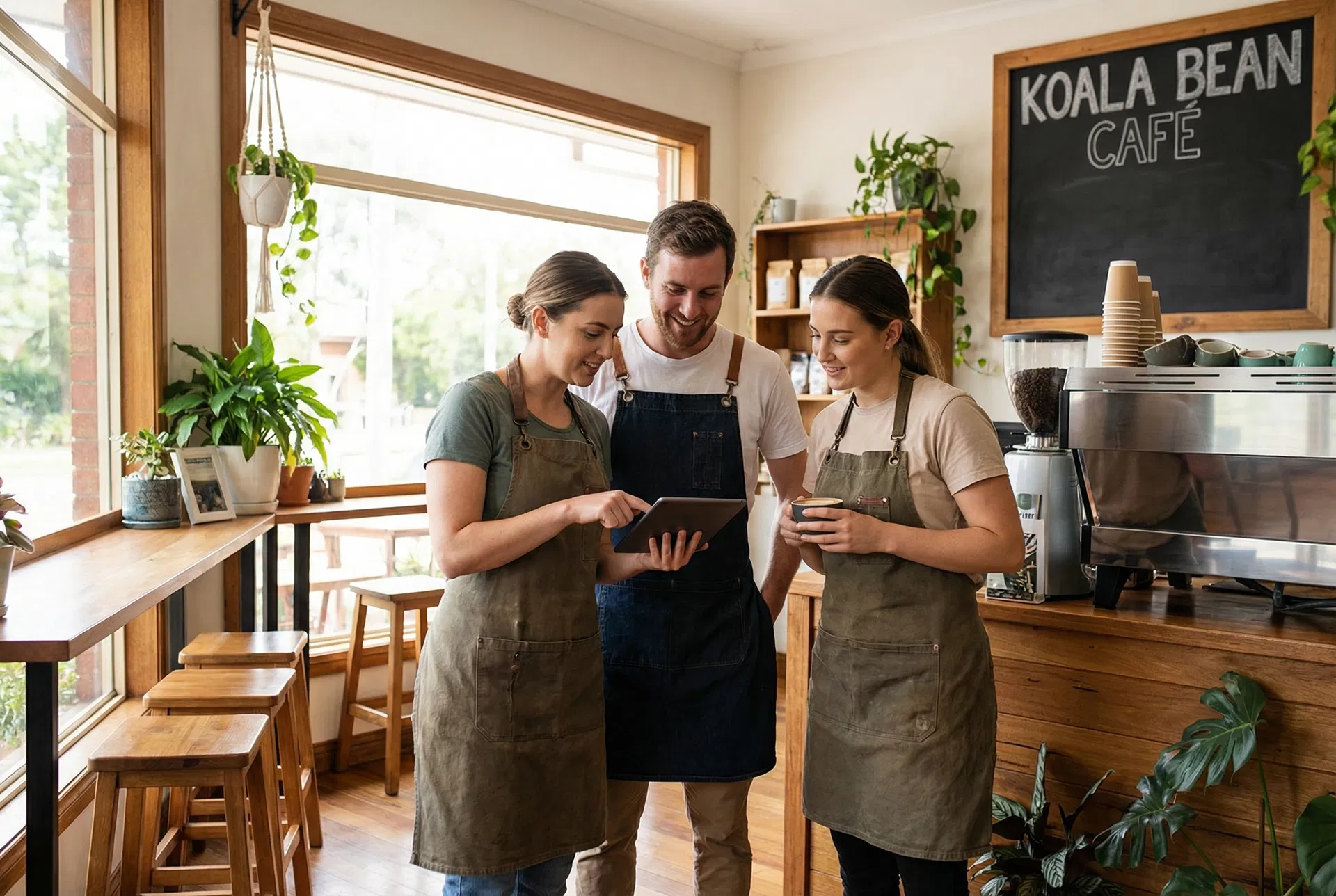 Australian café team having a morning briefing before service