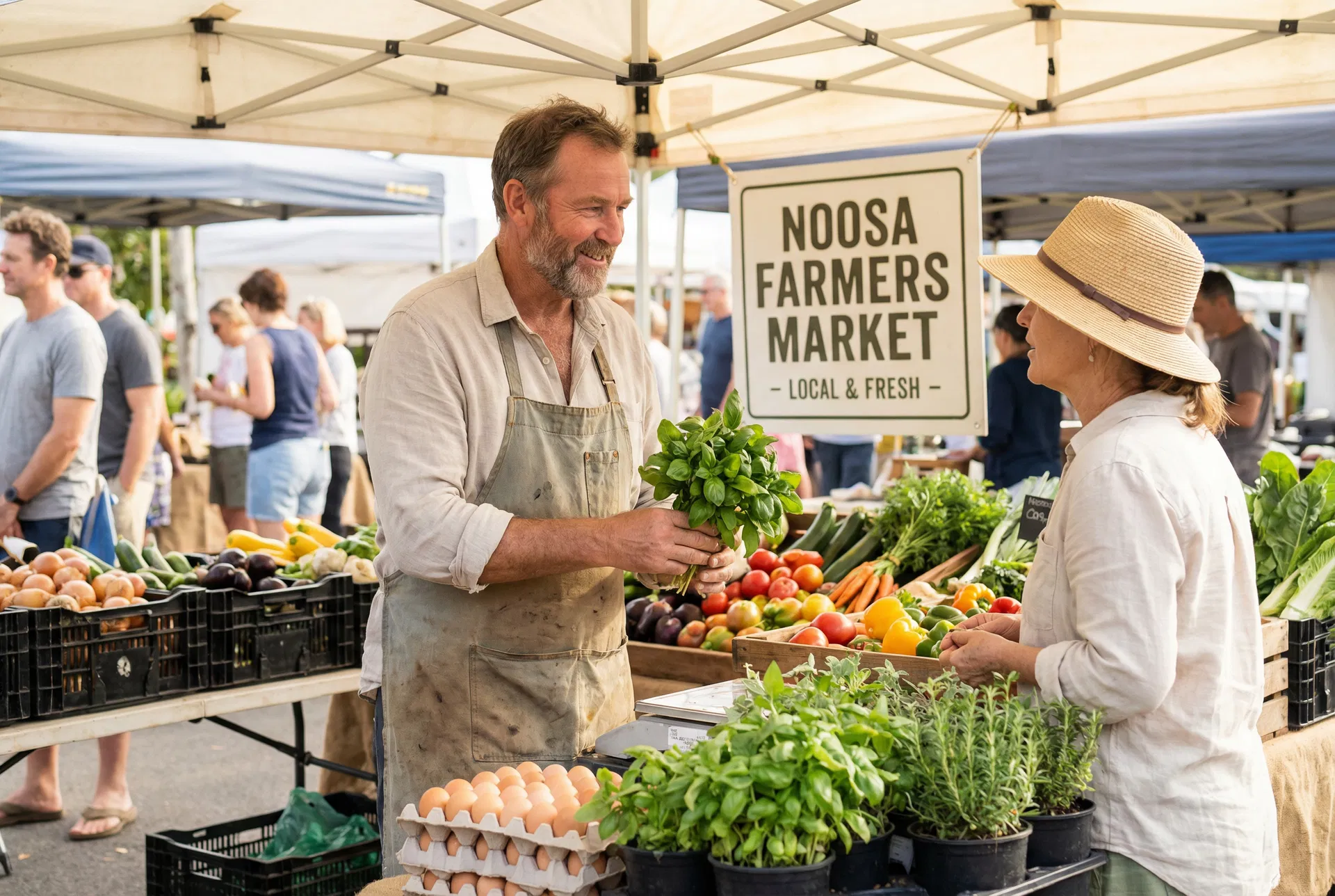 Café owner at a farmers market negotiating fresh produce prices