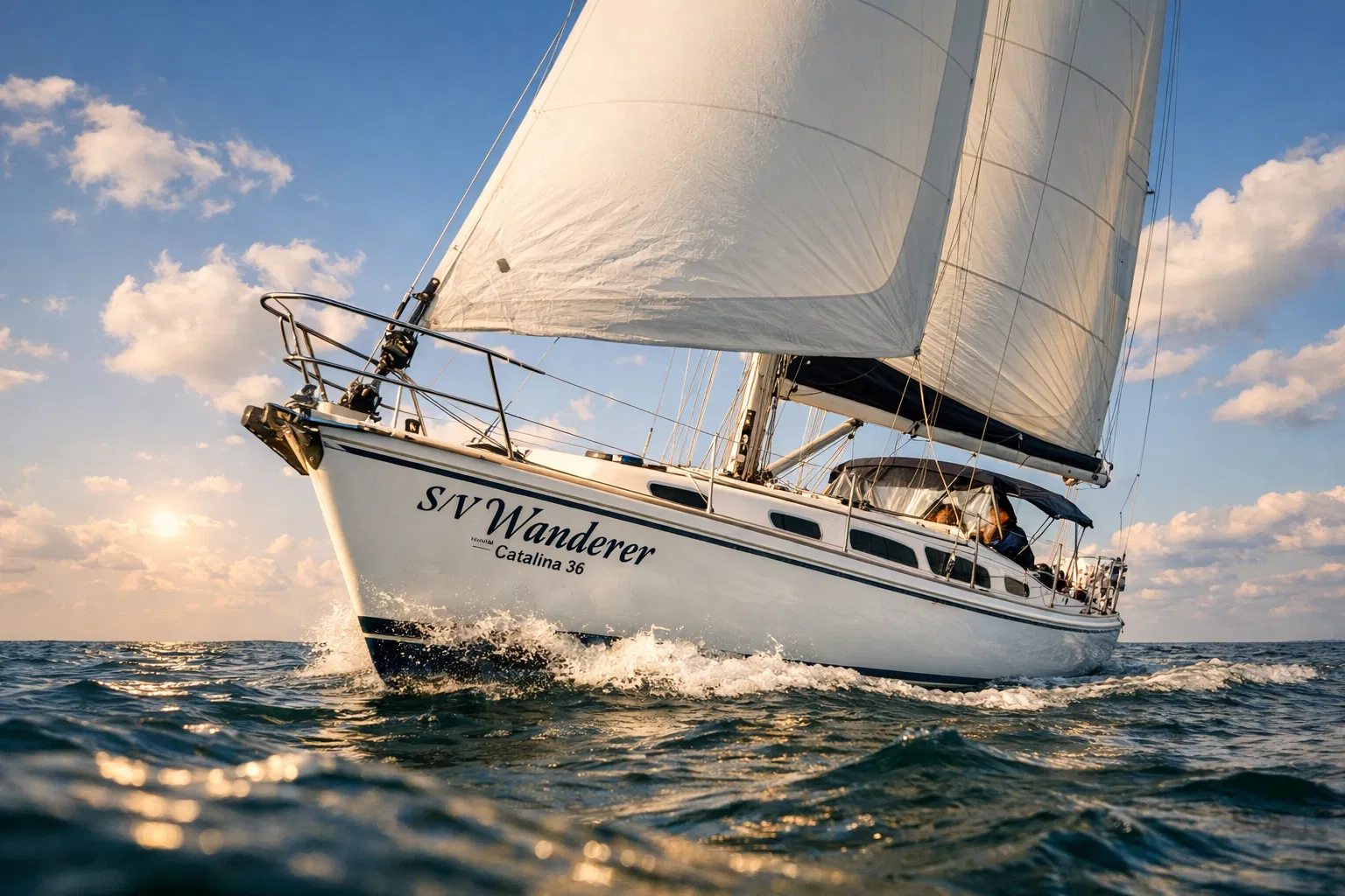 S/V Wanderer sailing at sunset