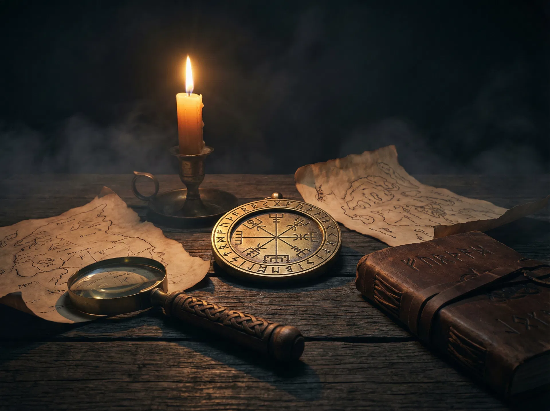 Viking investigation artifacts — Norse compass, magnifying glass, aged maps, and leather journal on a dark oak desk