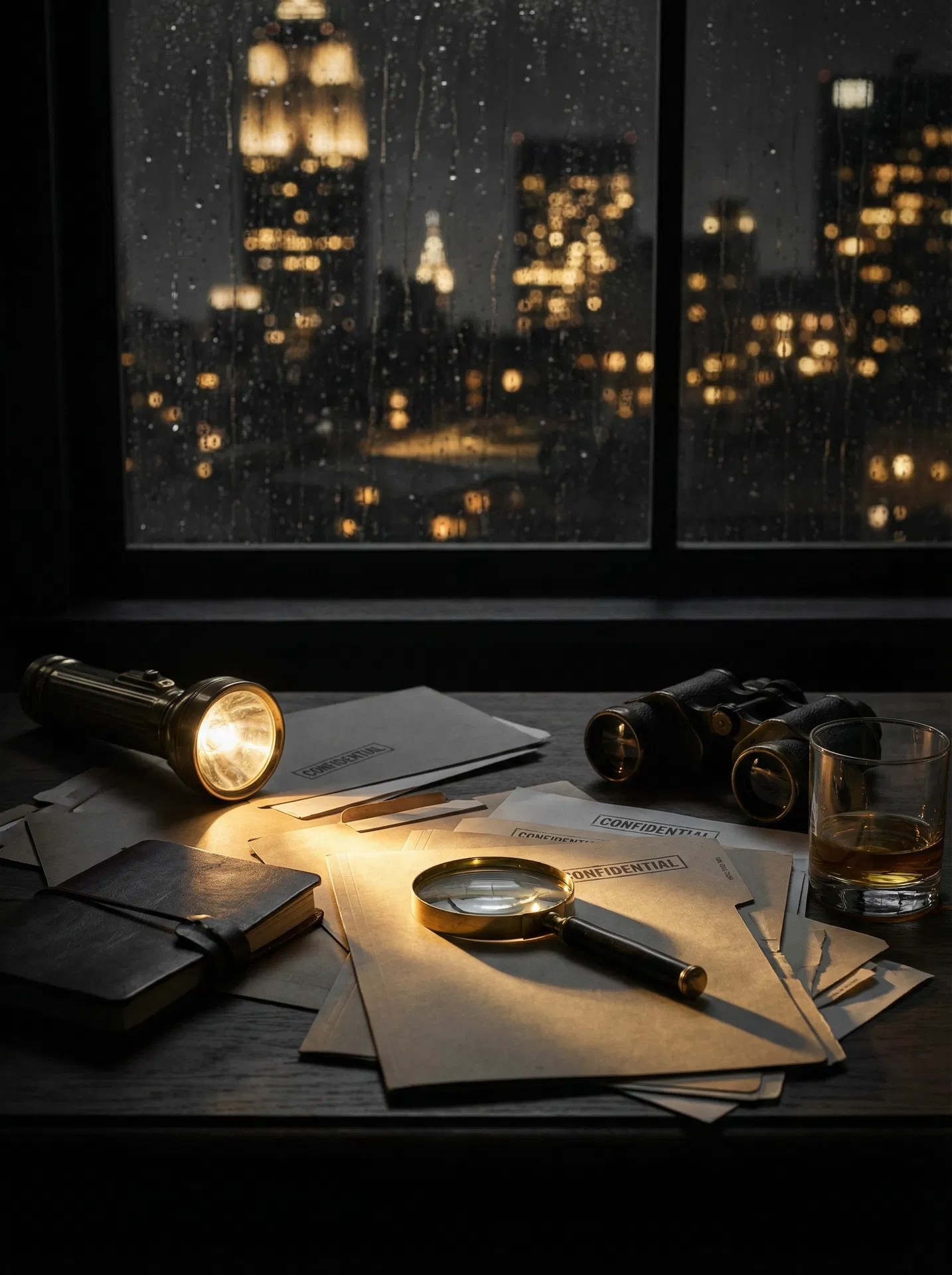Private investigation desk with confidential case files, magnifying glass, and binoculars — Viking Investigations LLC
