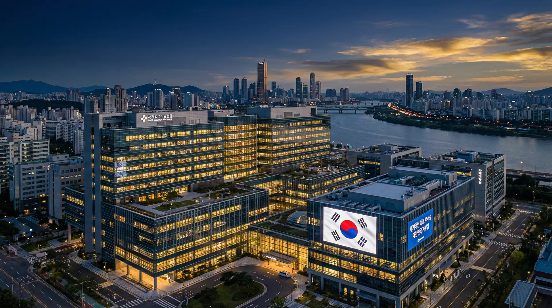 Korean hospital complex at dusk