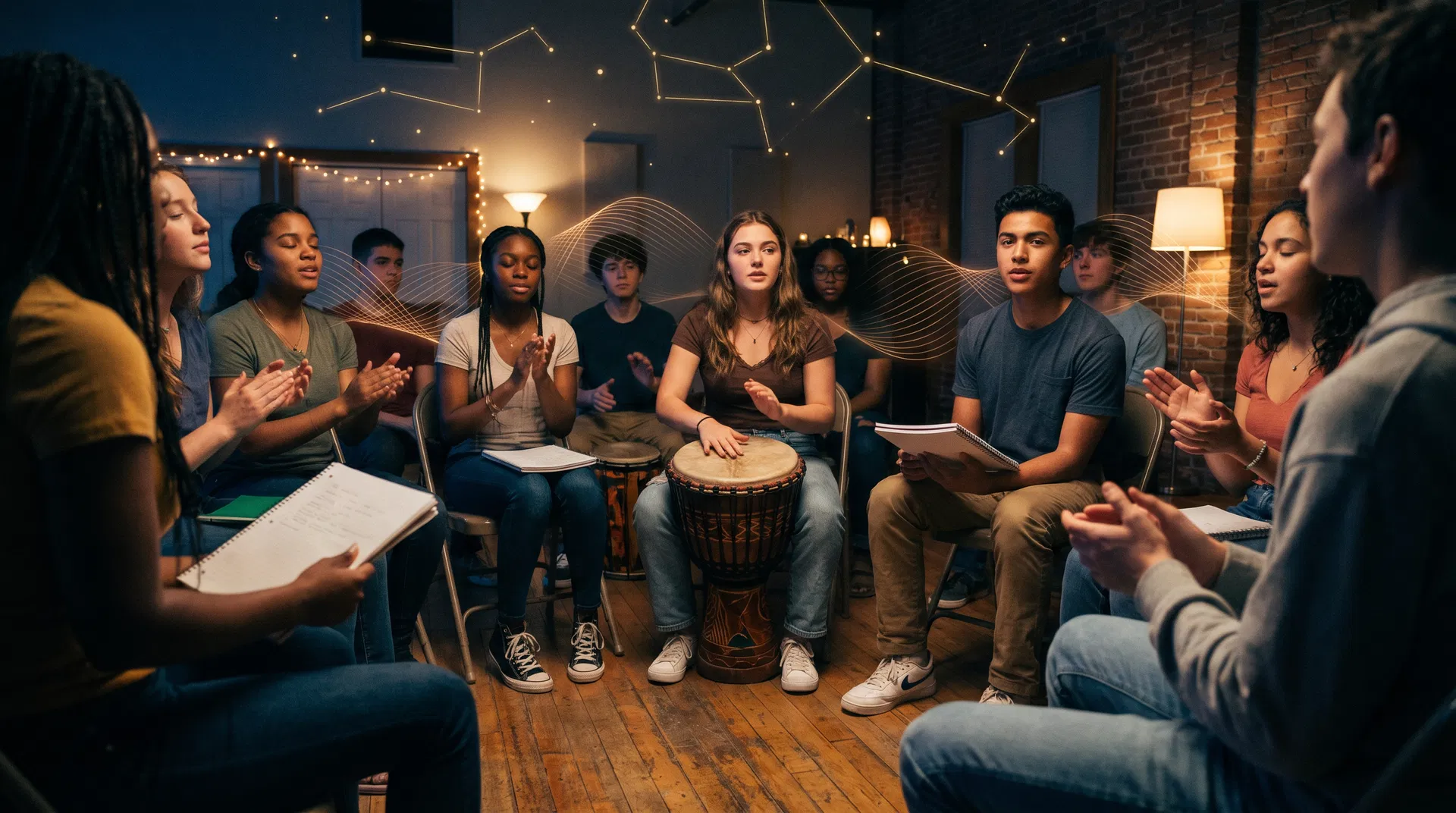 Young people in a community cipher with notebooks and drum