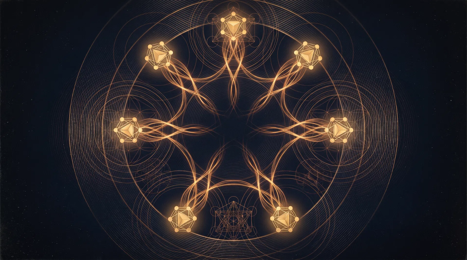 Abstract neurochemical orchestra illustration in navy gold and amber