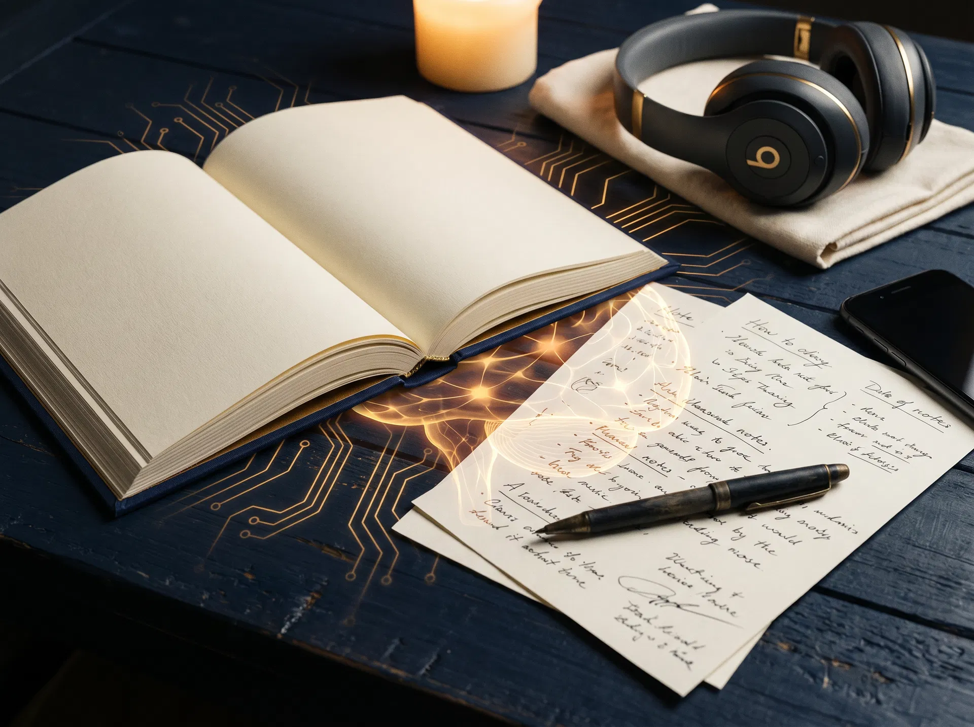 Workbook altar still life with journal, headphones, and notes