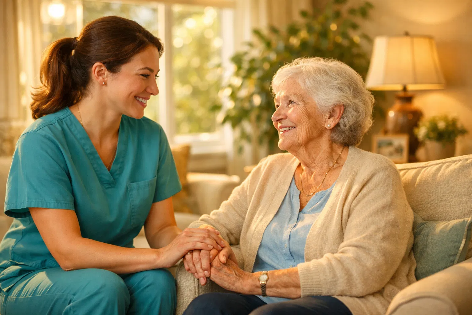 Compassionate caregiver with elderly client