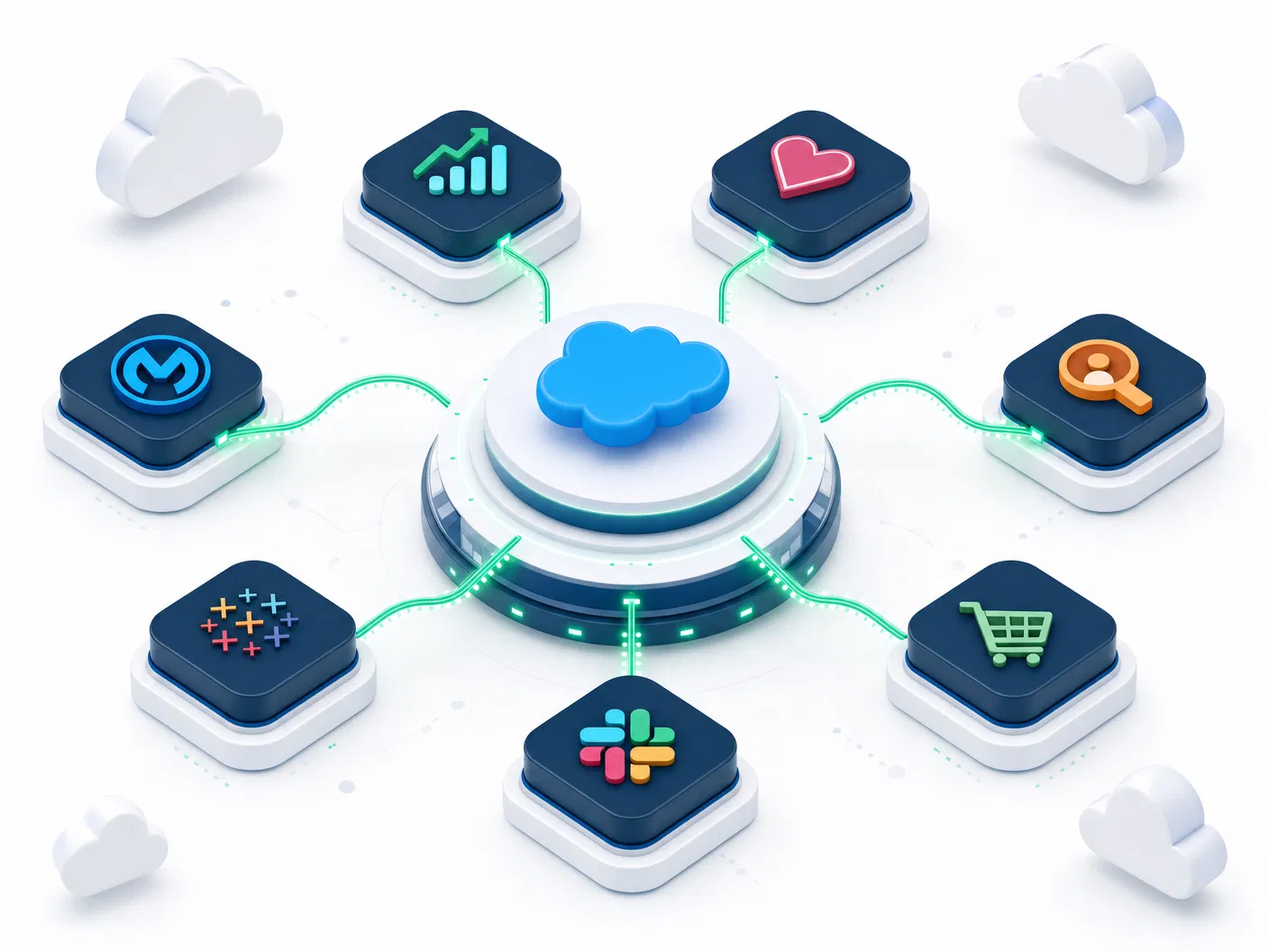 Salesforce cloud ecosystem integration showing connections to Sales Cloud, Service Cloud, Marketing Cloud, MuleSoft, and third-party enterprise applications