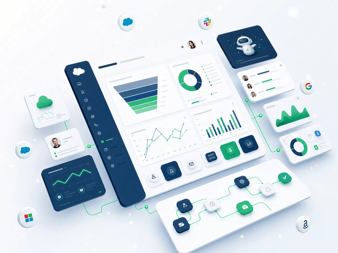 Salesforce CRM dashboard showing sales pipeline analytics, lead conversion metrics, and AI-powered automation workflows