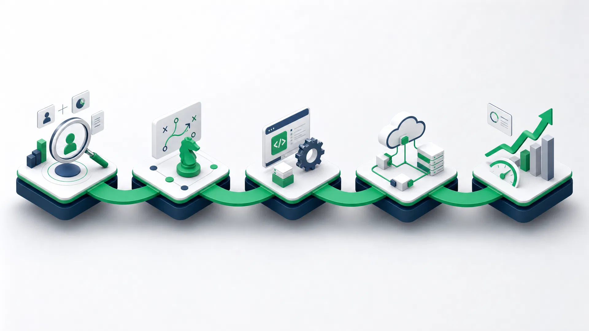 5-stage Salesforce implementation methodology: Discovery, Strategy, Development, Integration, and Optimization with connected workflow stages