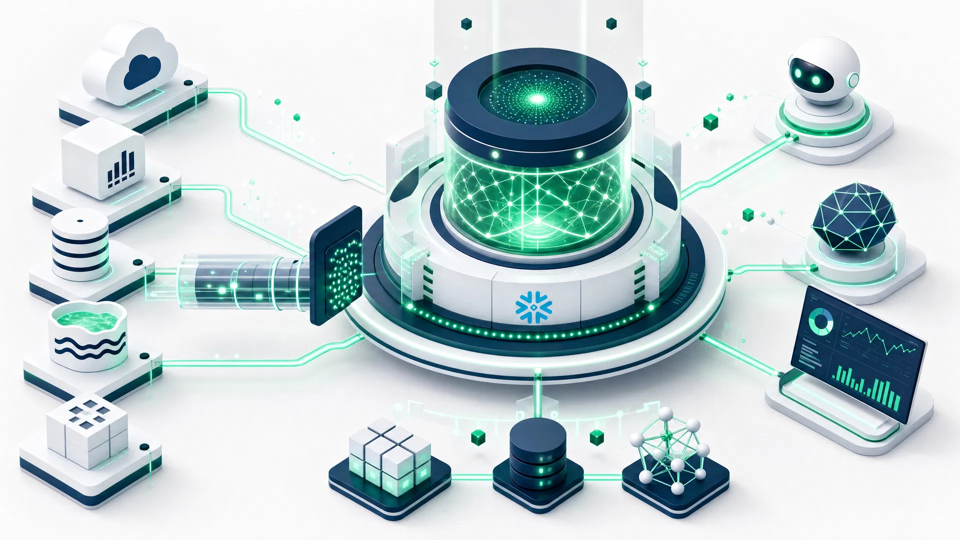 AI data foundation architecture diagram showing Salesforce Data Cloud, Snowflake, and enterprise data integration for AI agents and RAG applications