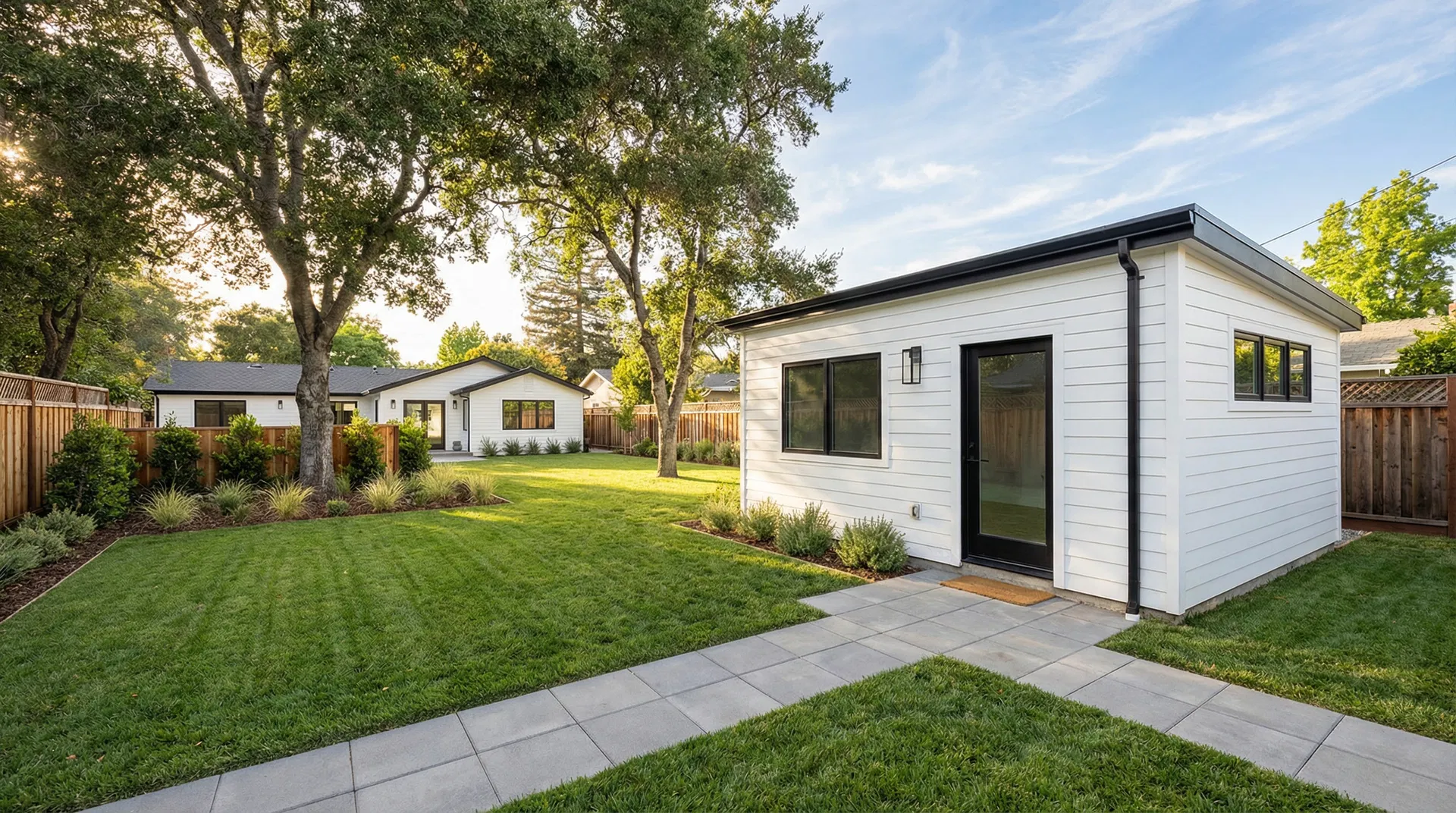 ADU exterior — white house with black trim, spacious suburban backyard