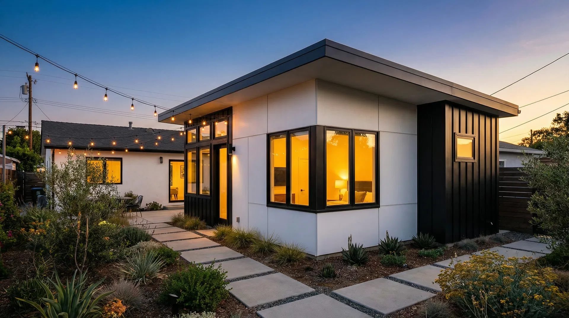 ADU exterior — dusk, warm interior glow