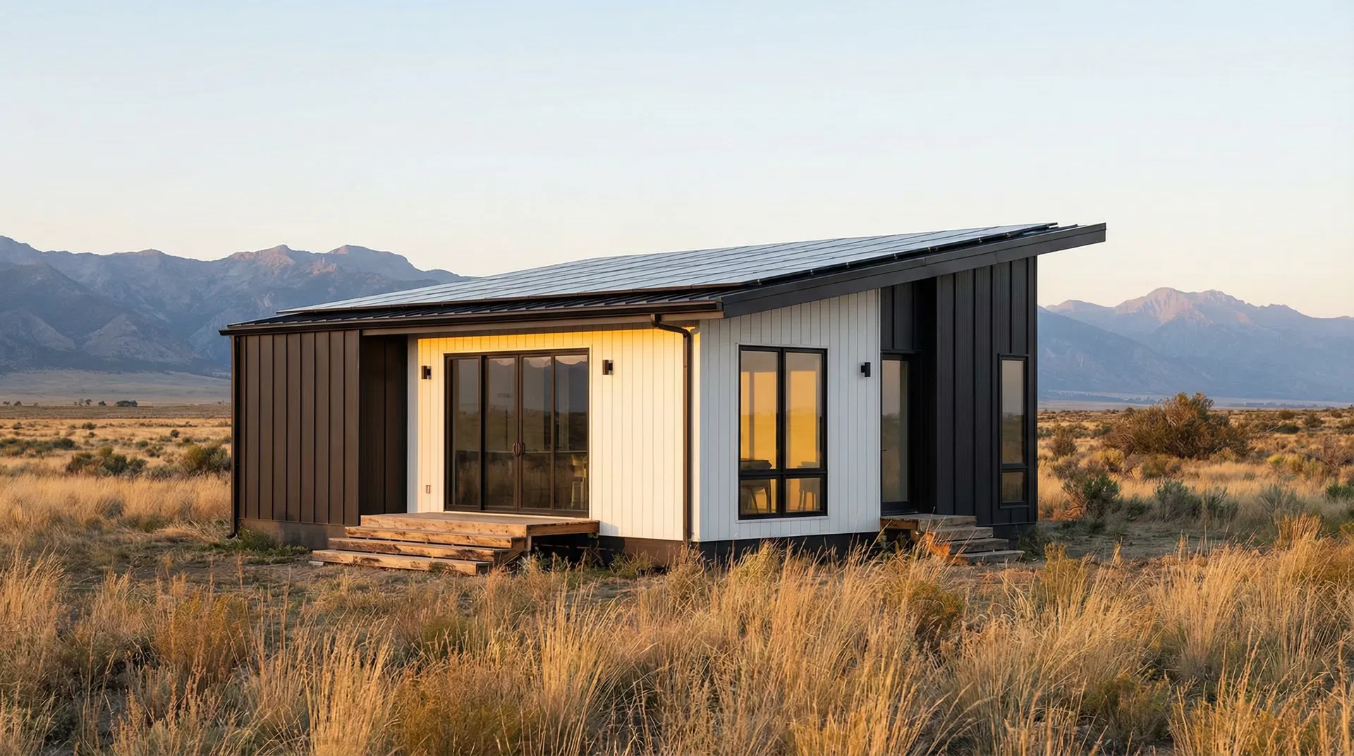 Off-Grid exterior — open land, solar panels, mountain backdrop