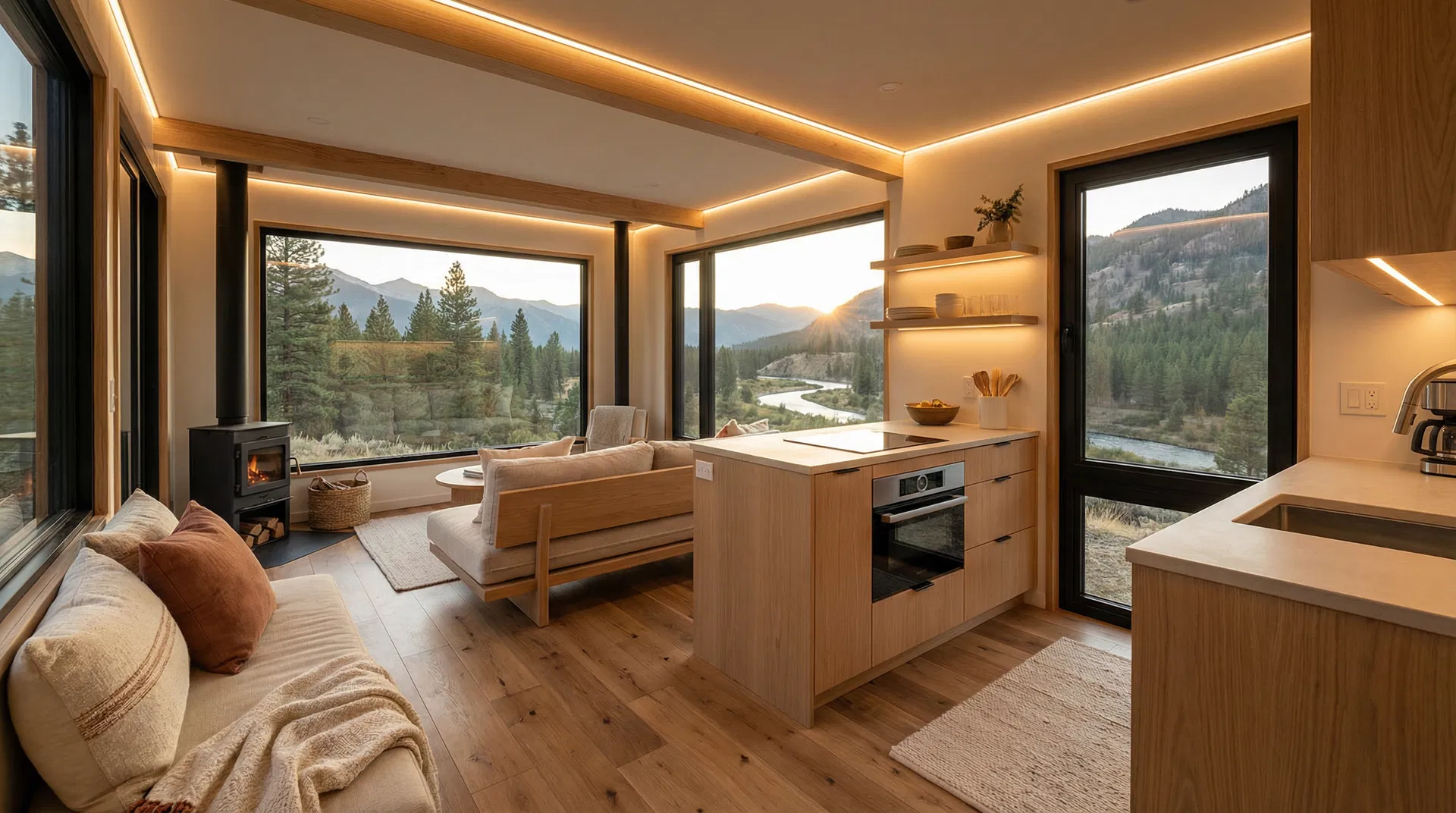 Off-Grid interior — open plan living with wilderness views