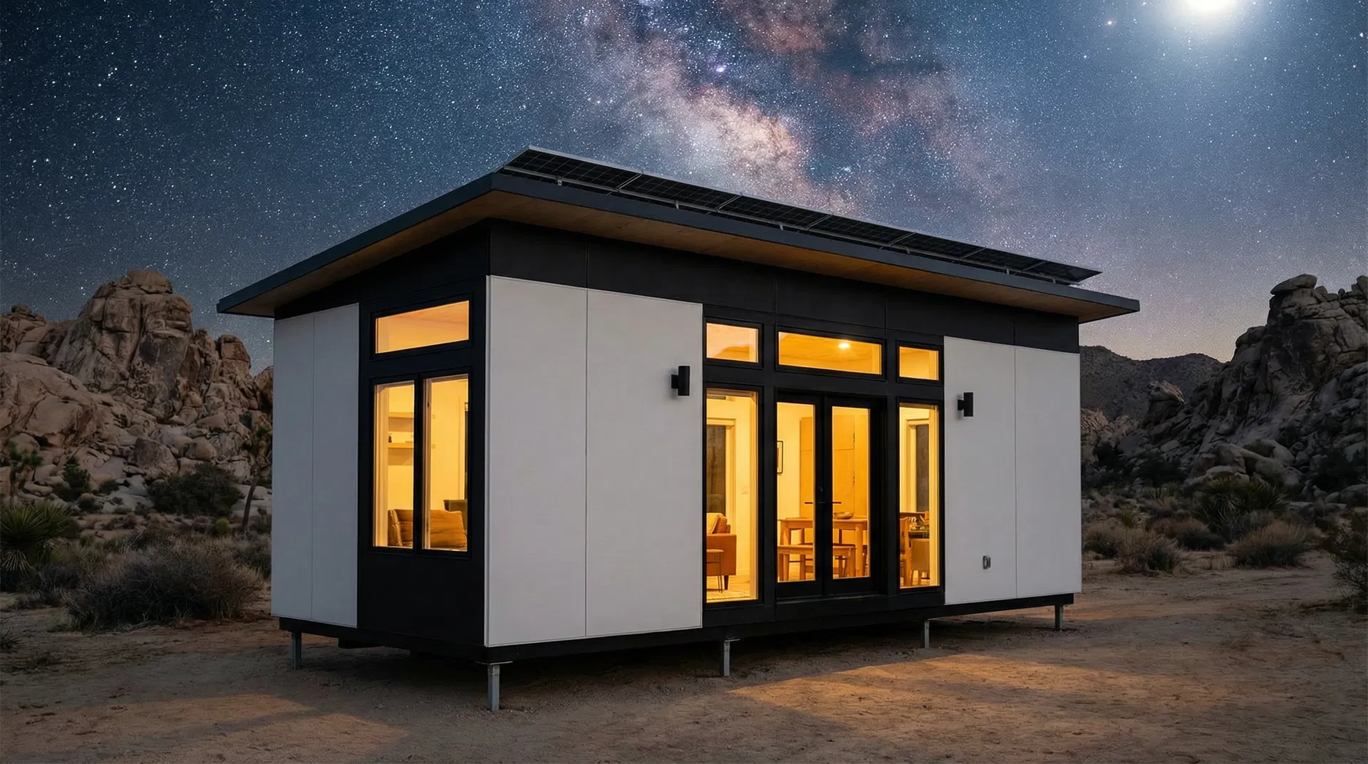 Off-Grid exterior at night — starry sky, warm glowing windows
