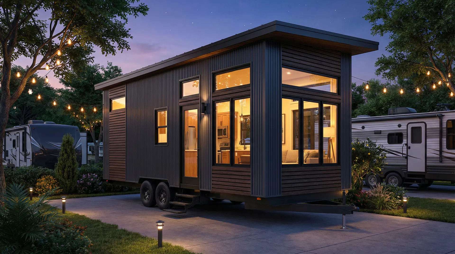 Park Model exterior — night scene at RV park