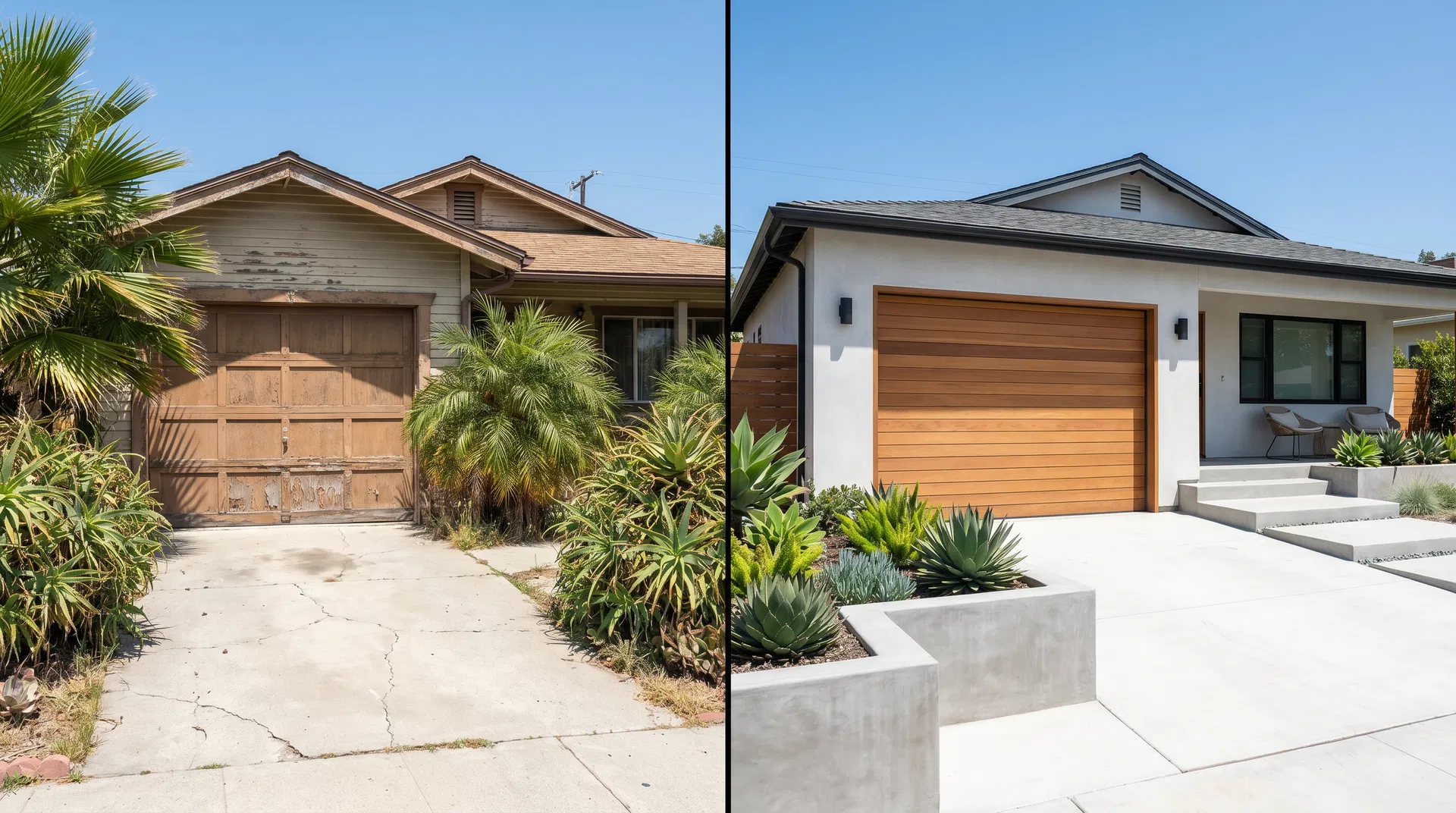 Before-and-after of an Azusa home garage modernized with a modern wood-look door
