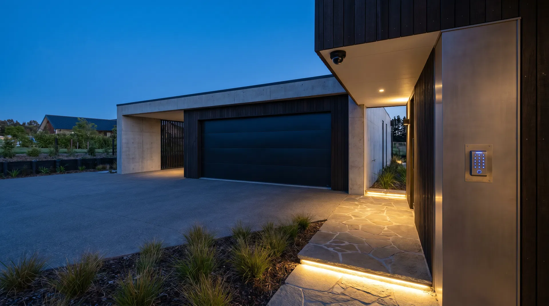 Modern home garage at dusk with a glowing smart security keypad