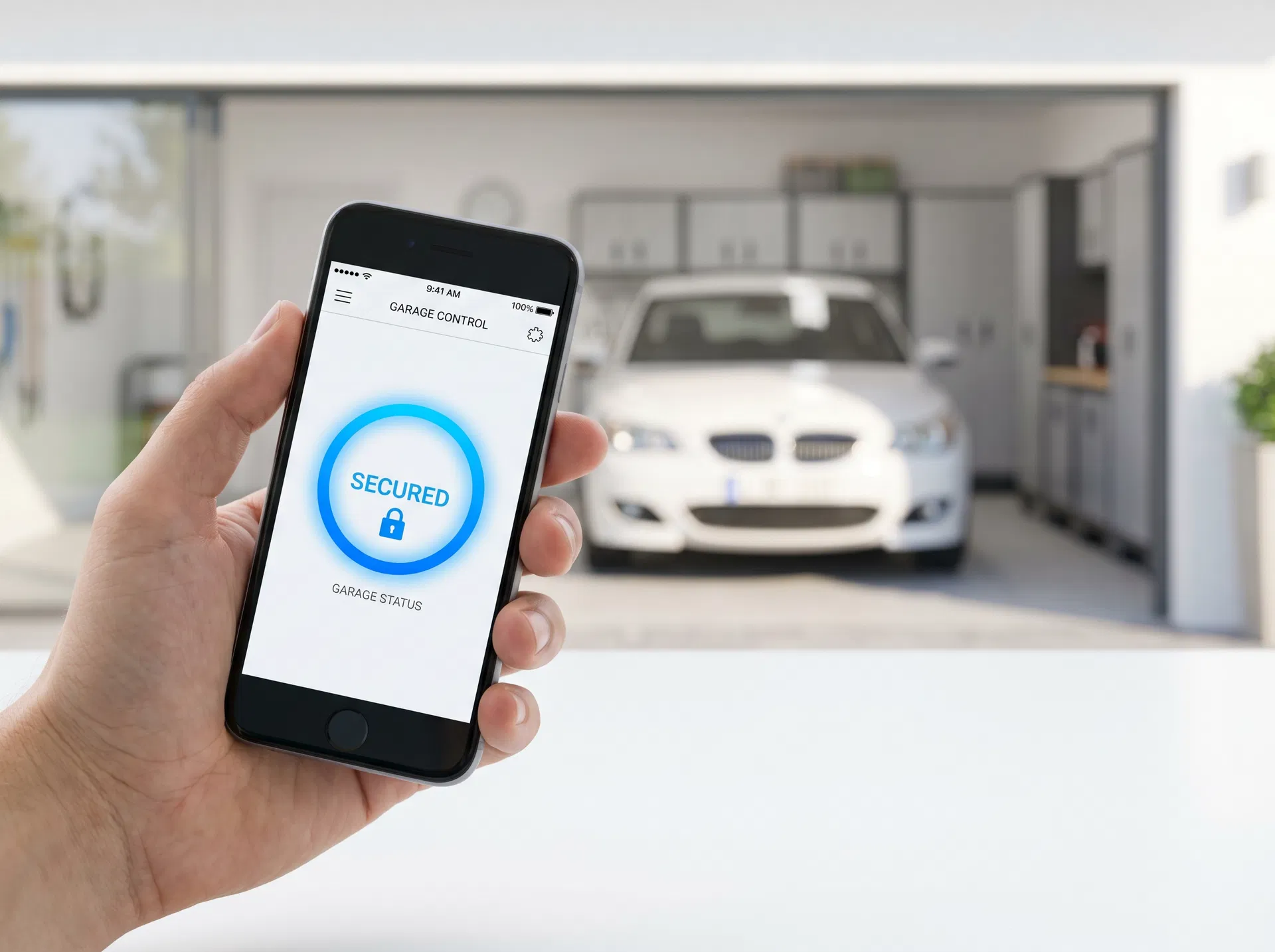 Smartphone showing a smart garage control app with a Secured status