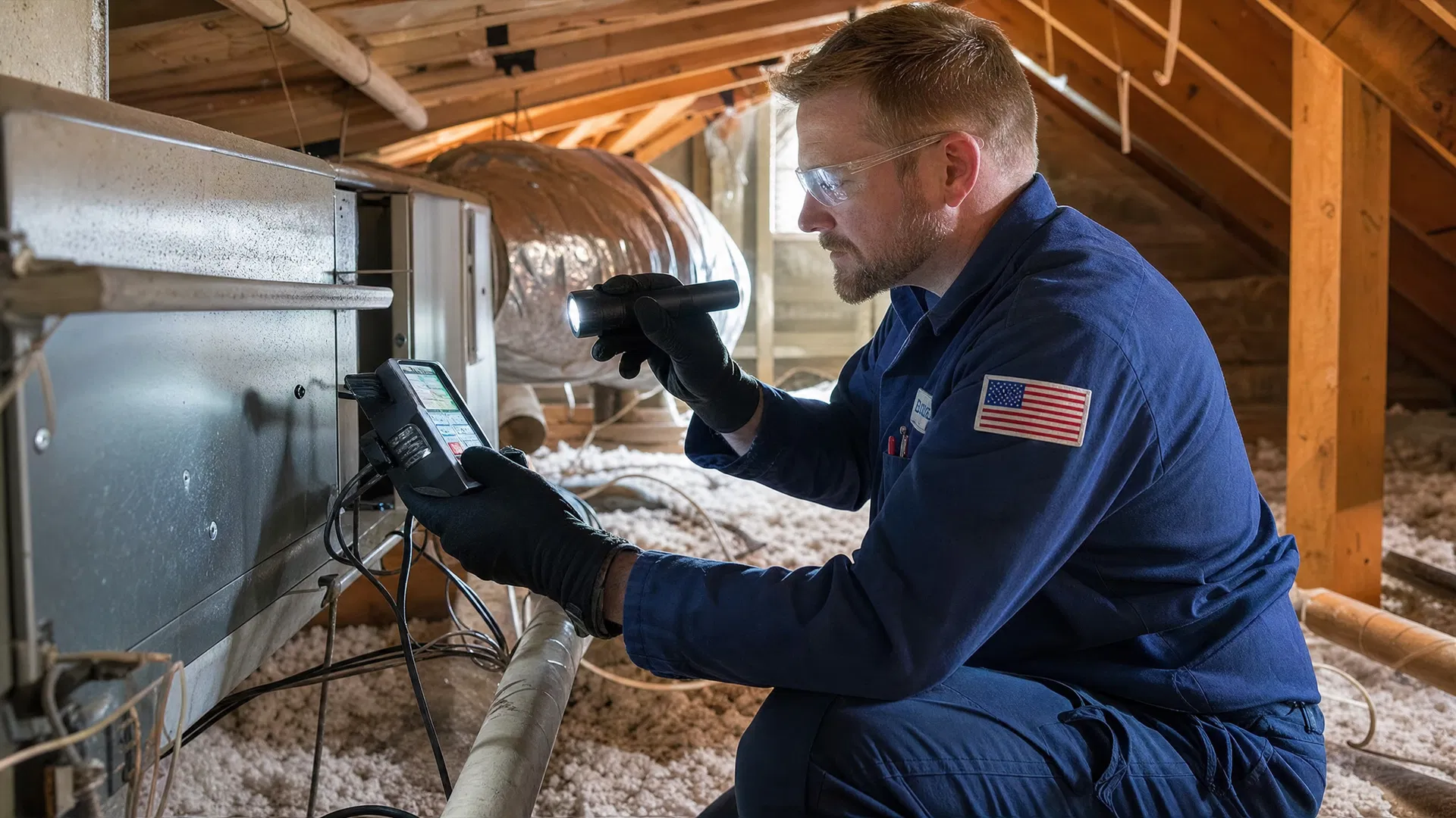 Eric's technician inspecting air ducts in Boston attic
