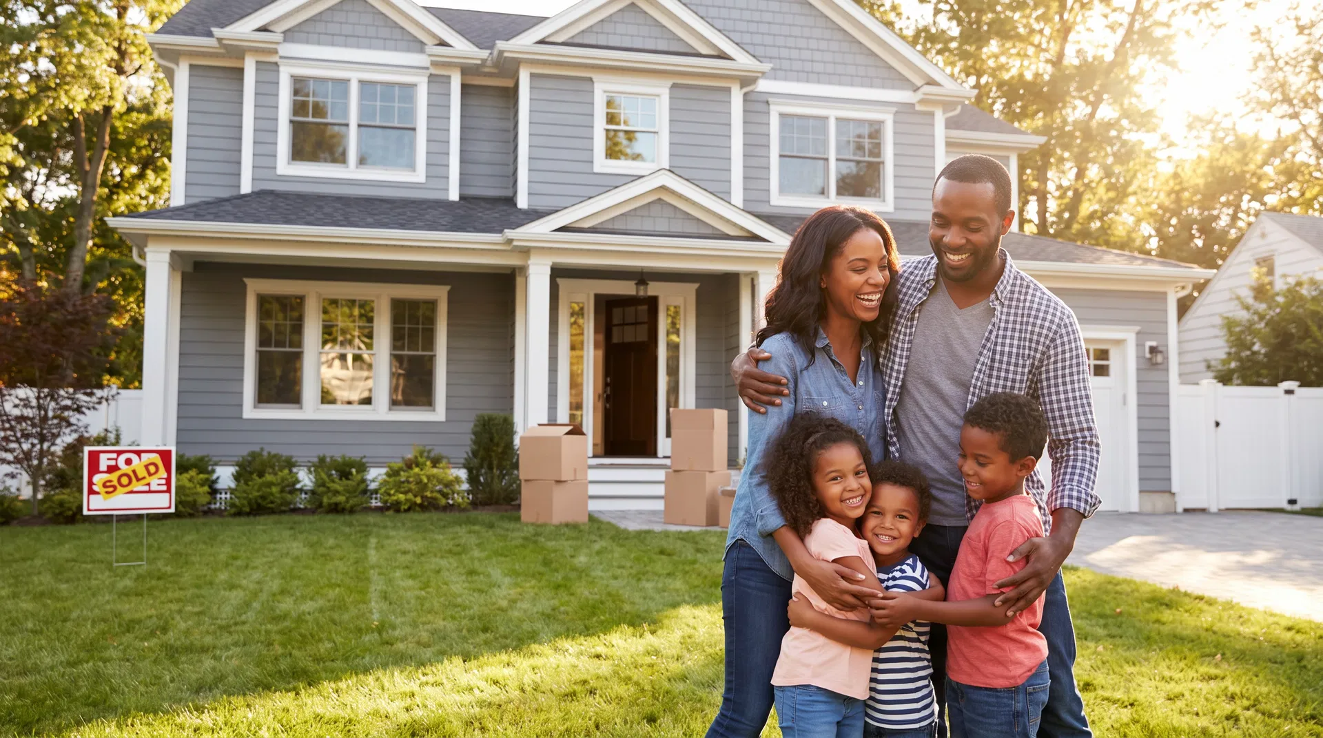 Happy family in front of their new home
