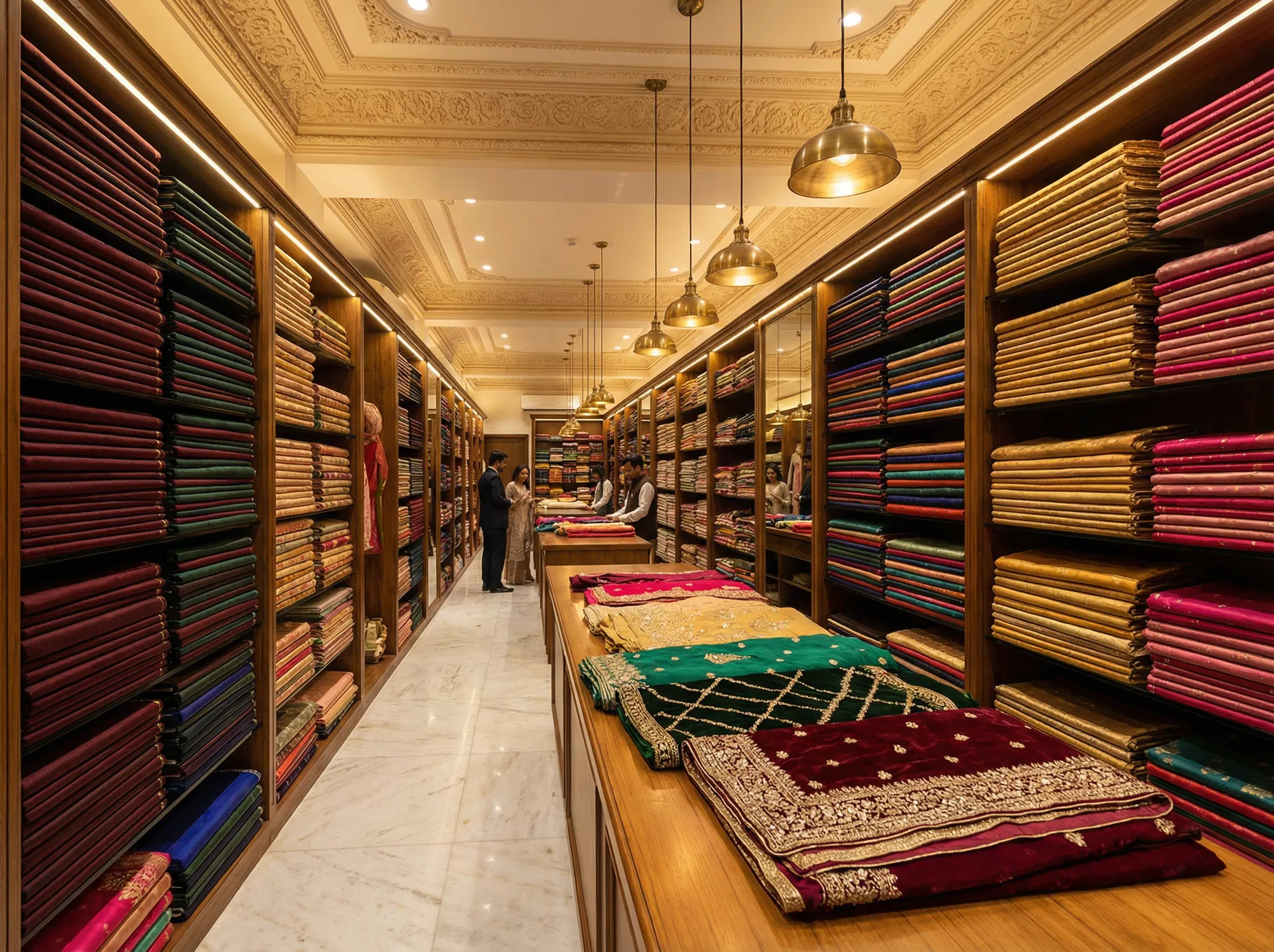 Premium Indian fabric store with floor-to-ceiling shelves of colorful fabrics